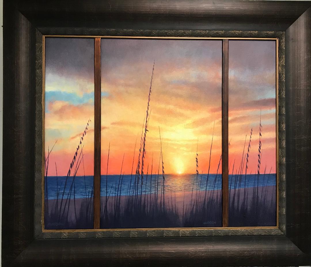 Here is a triptych oil painting on canvas panel by award winning contemporary artist Michael Budden that showcases a romantic coastal seascape sunrise created in an impressionistic realism style. The painting exudes the very rich qualities of color,