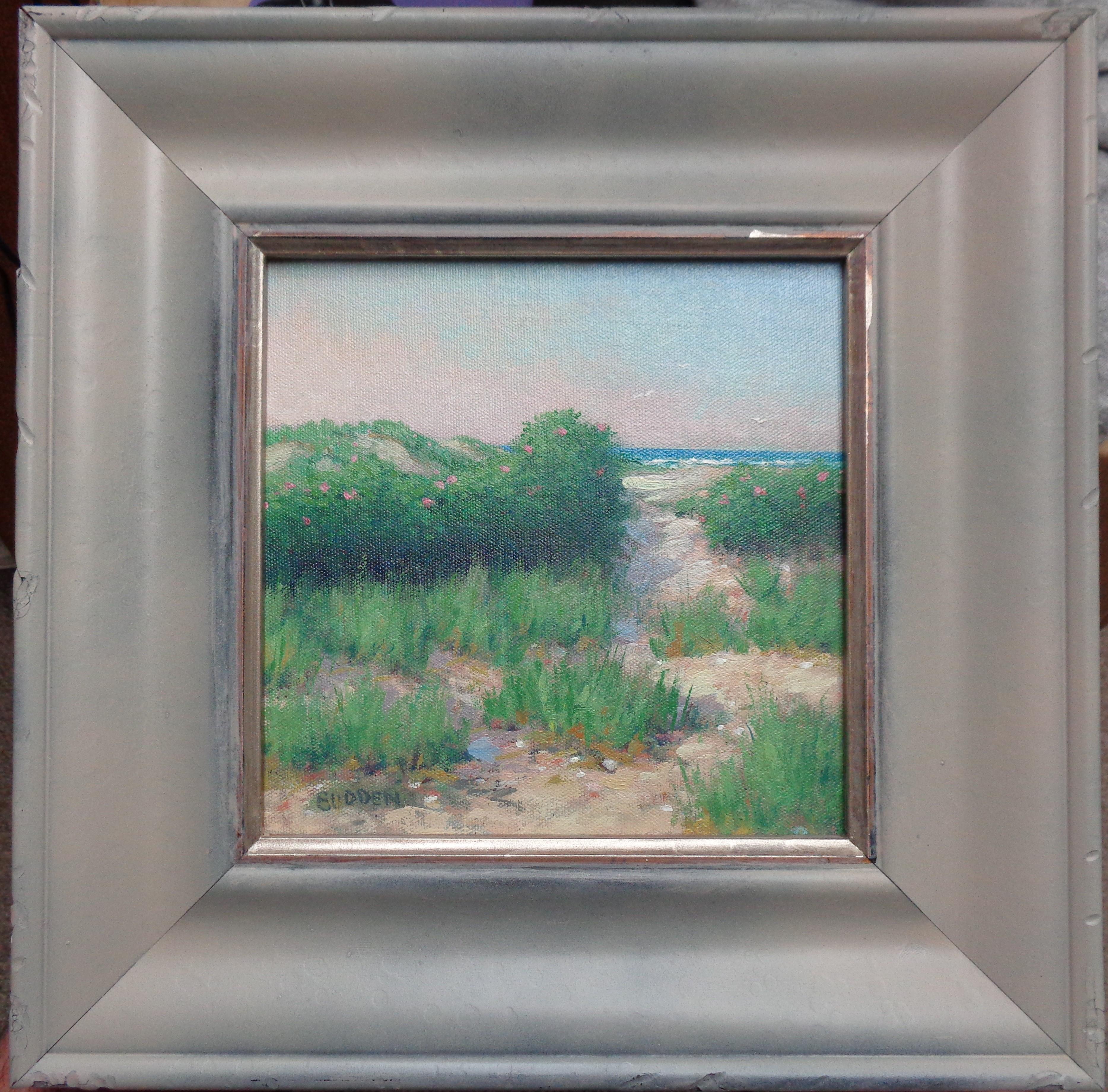 Beach Path
oil/canvas panel image 7.75 x 8 unframed, 13.5 x 13.5 framed
Beach Path is an oil painting on canvas panel by award winning contemporary artist Michael Budden that showcases a beautiful beach path with lush greens thru the dunes to the