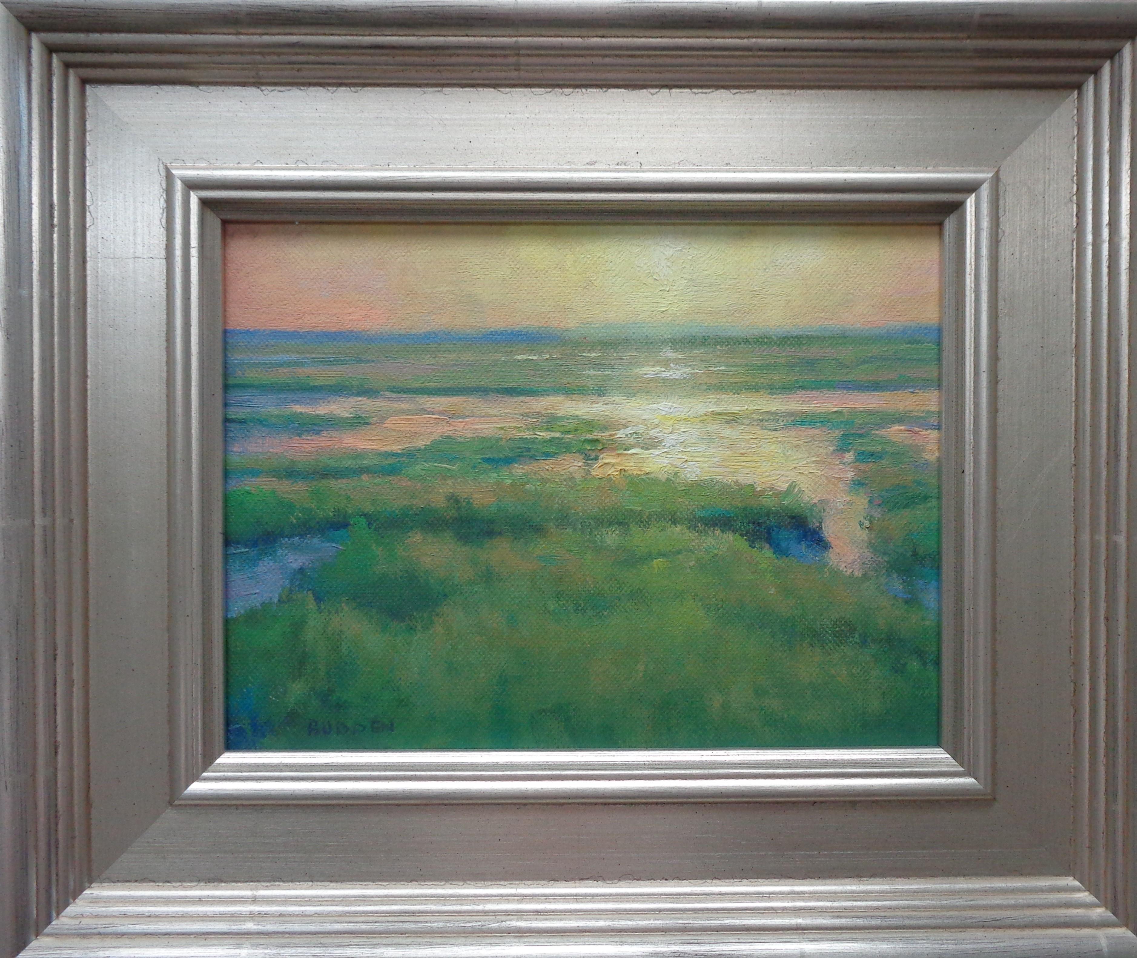 Morning Marsh Light  is an oil painting on canvas panel by award winning contemporary artist Michael Budden that showcases a beautiful sunrise awakening a glorious marsh view. This painting is new and the image measures 6 x 8 and is one of a