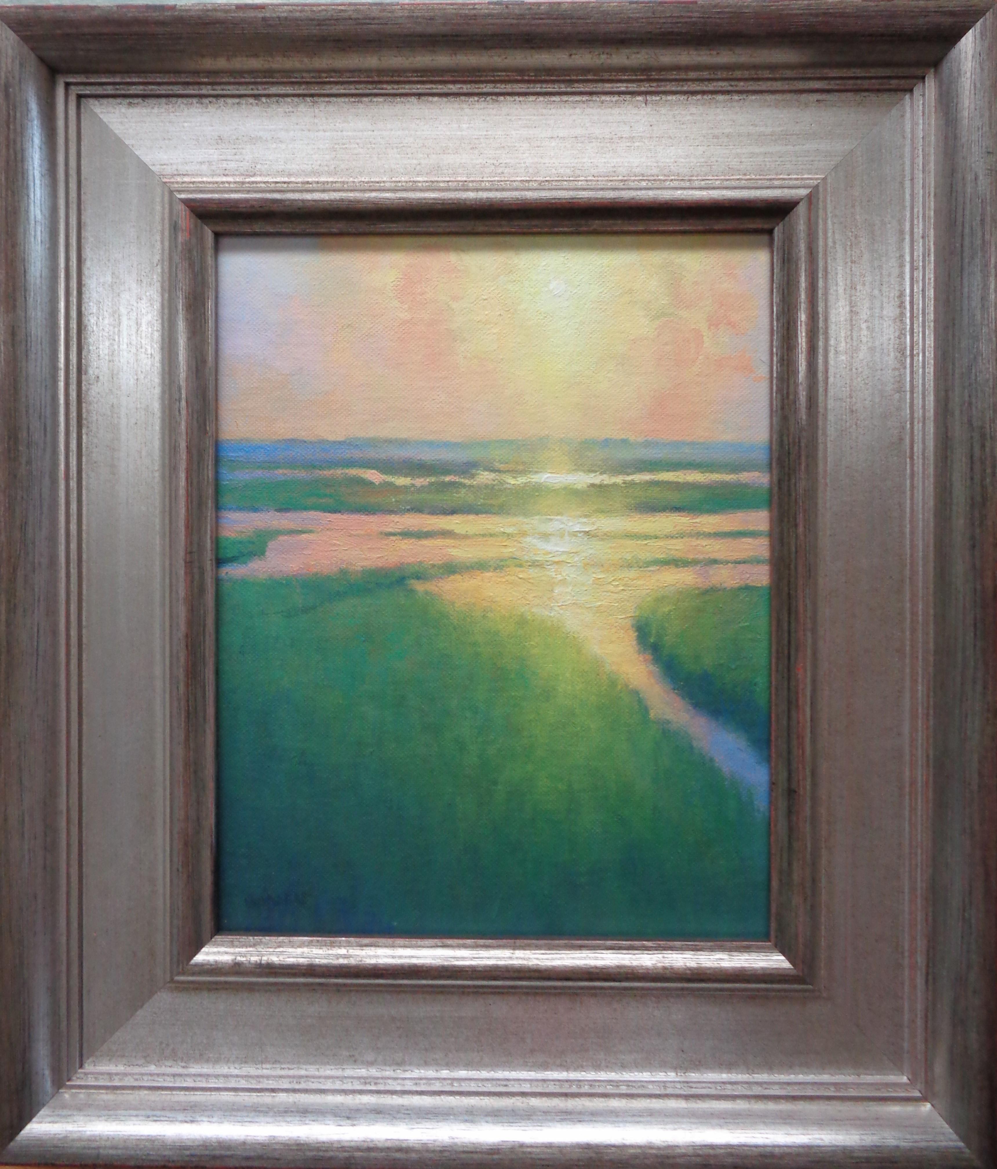 Morning Marsh Light II is an oil painting on canvas panel by award winning contemporary artist Michael Budden that showcases a beautiful sunrise awakening a glorious marsh view. This painting is new and the image measures 10 x 8 and is one of a