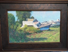 Vintage Impressionistic Landscape Seascape Boat Painting Michael Budden On Its Side