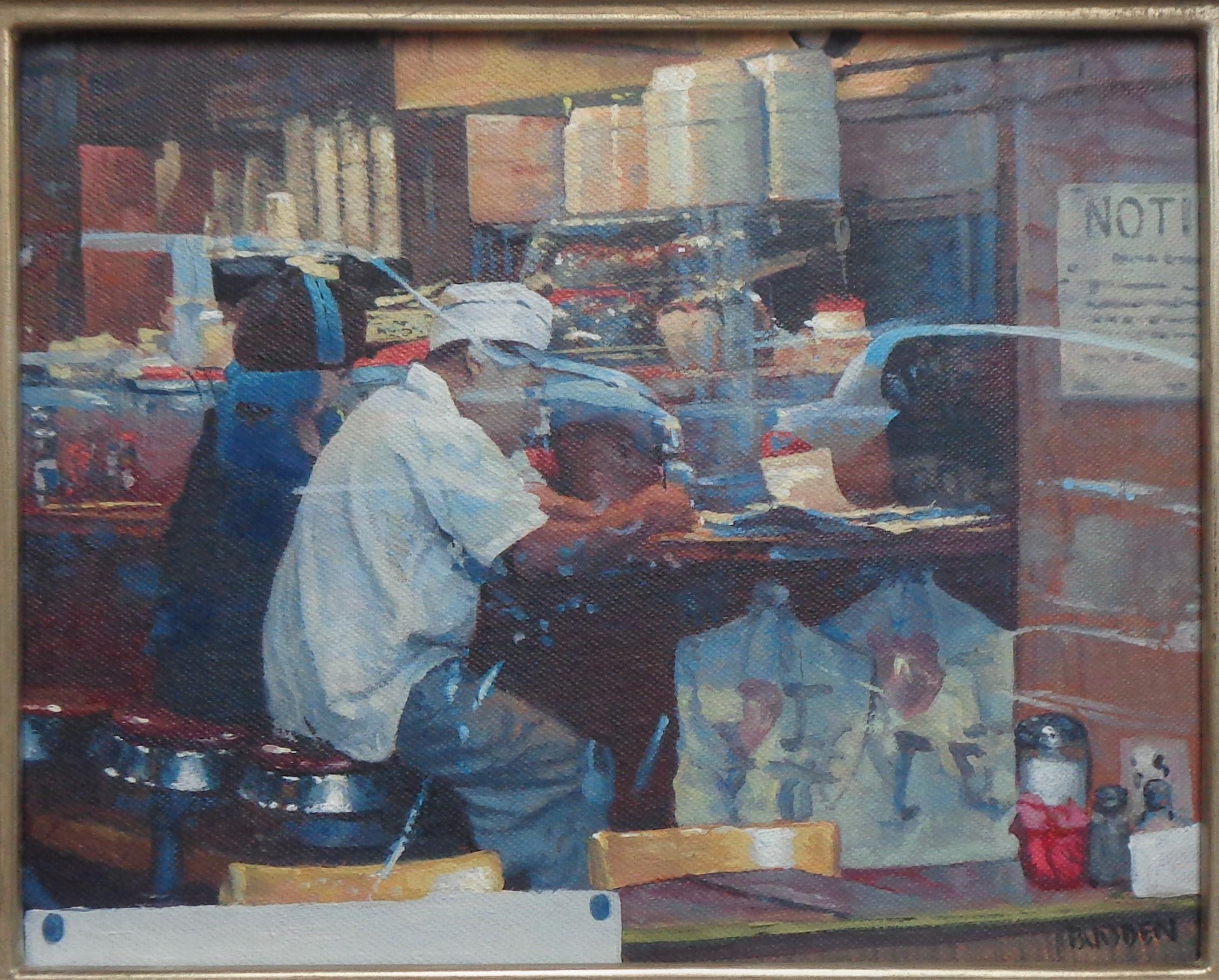 Realistisches Gemälde, Michael Budden, New York City, Diner, Transparenz und Reflektion, Realismus im Angebot 1