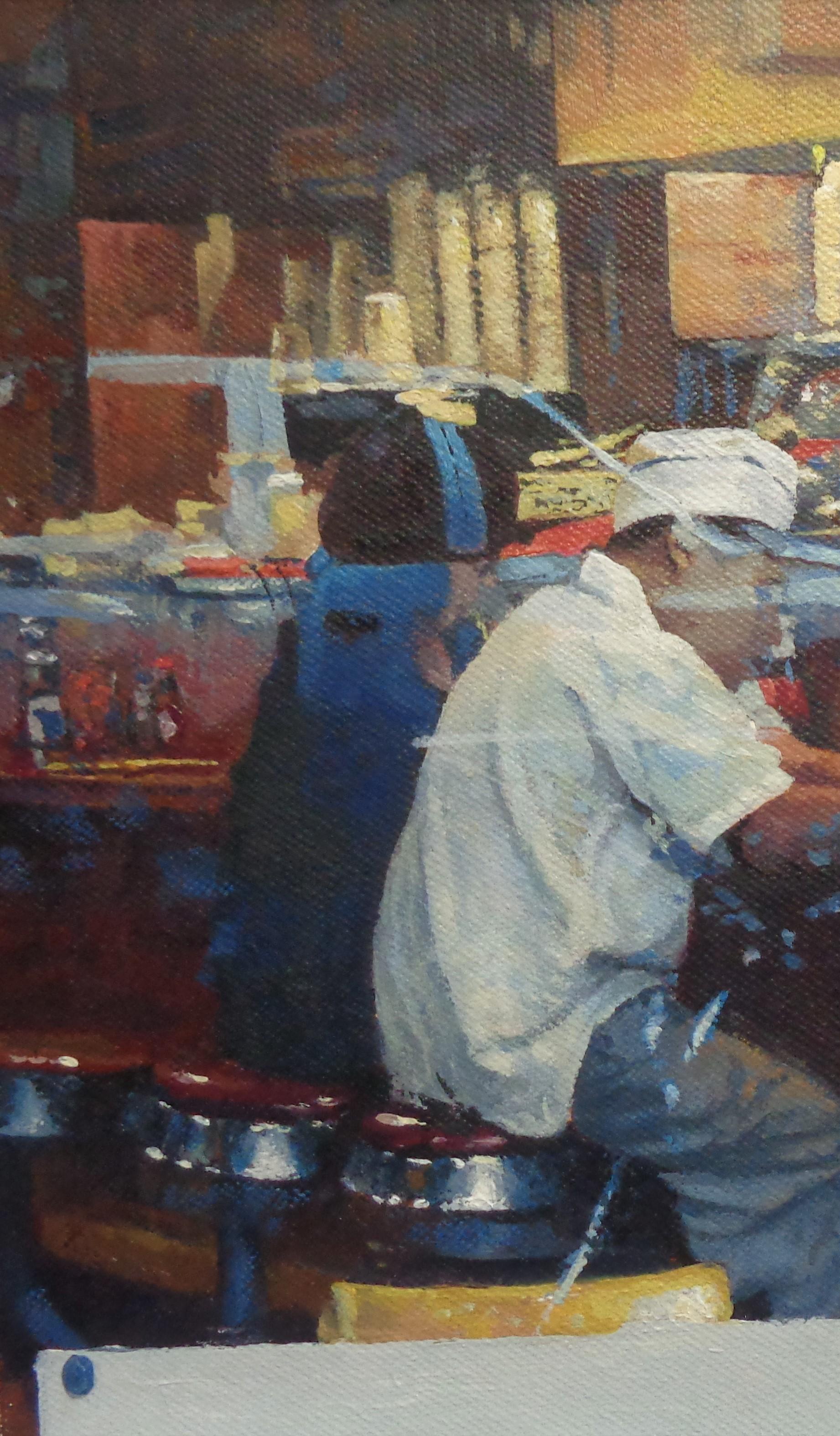 Realistisches Gemälde, Michael Budden, New York City, Diner, Transparenz und Reflektion, Realismus im Angebot 2