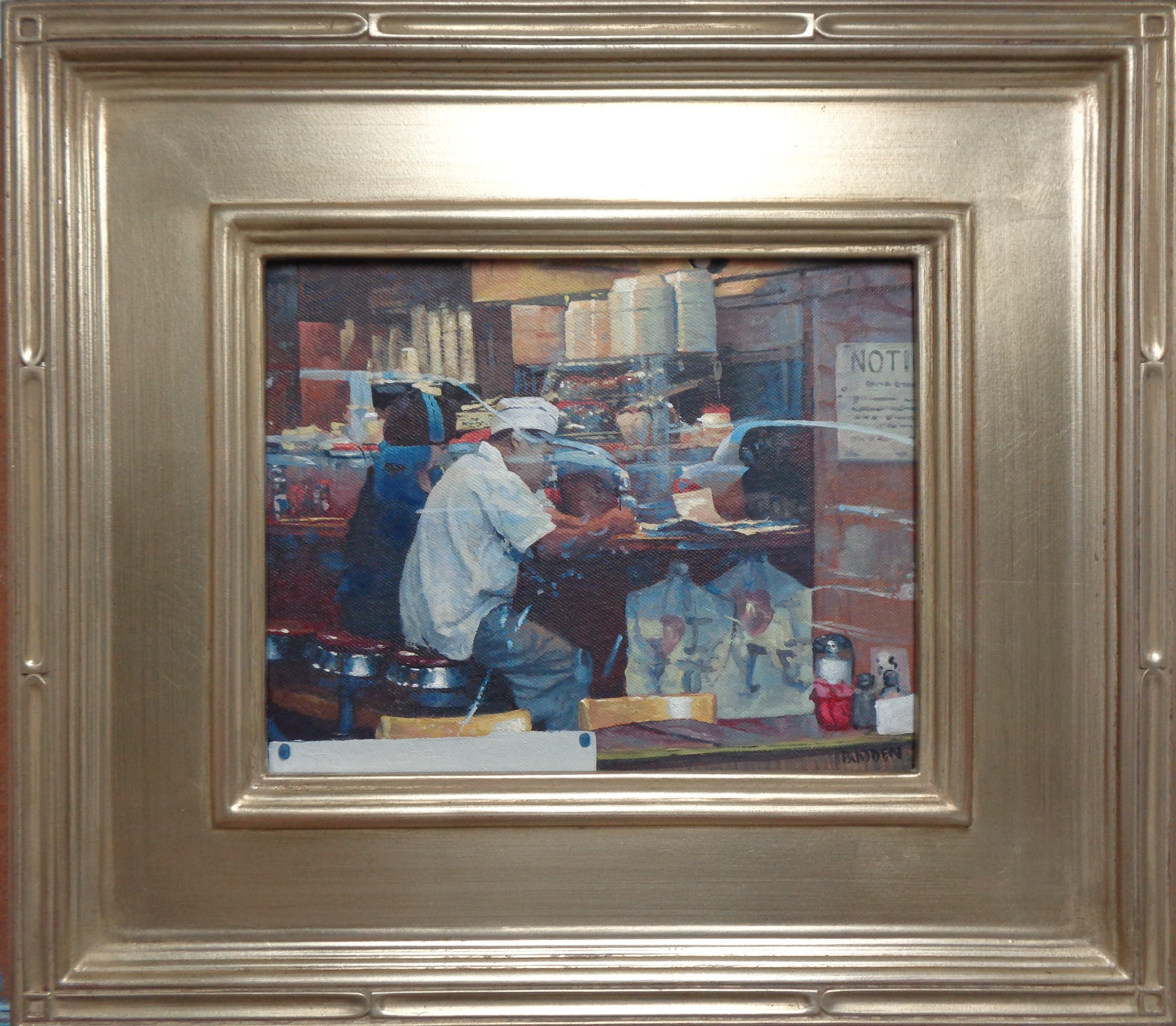 Realistisches Gemälde, Michael Budden, New York City, Diner, Transparenz und Reflektion, Realismus
