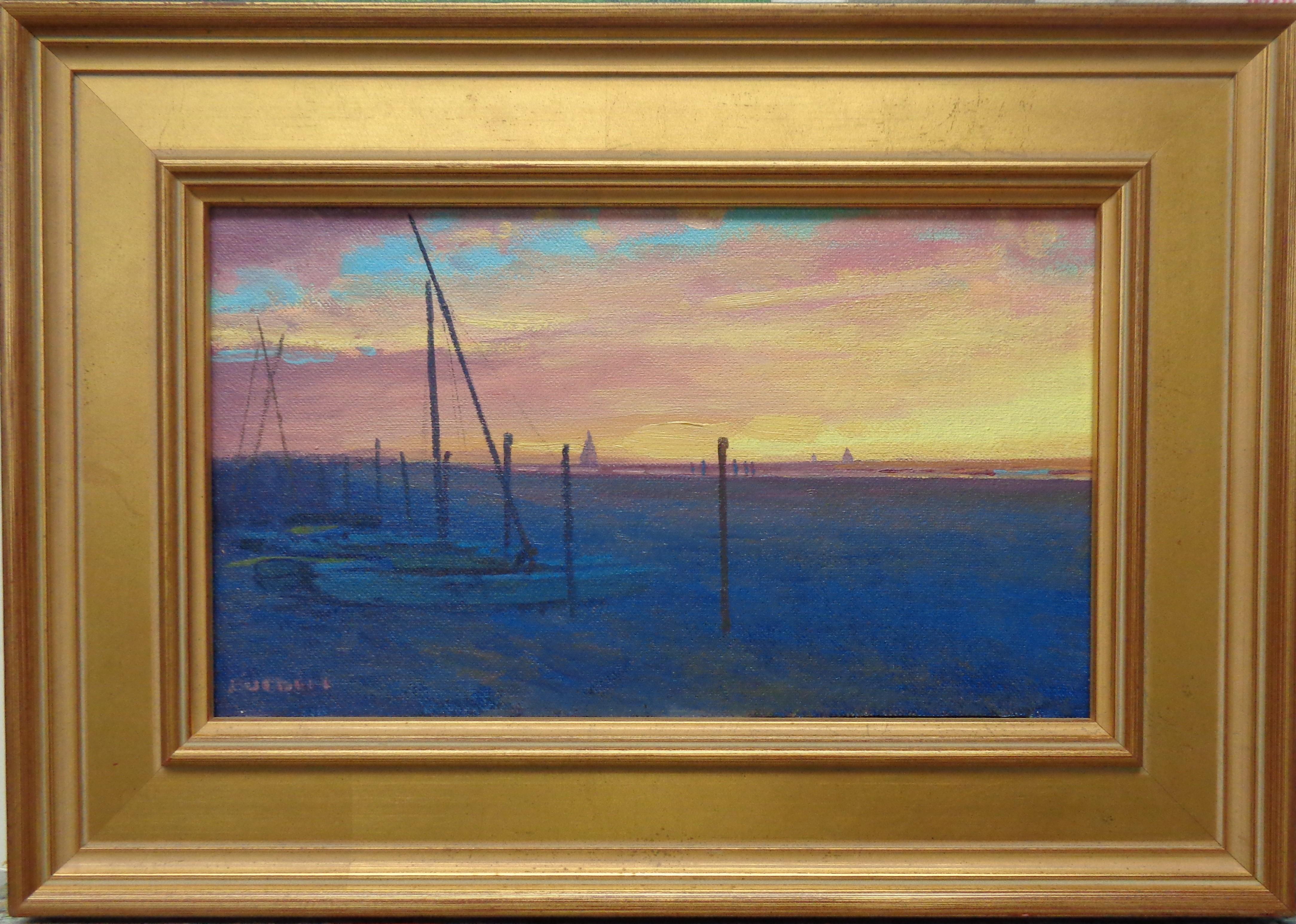Majestic Morning est une belle  peinture à l'huile sur panneau de toile de l'artiste contemporain primé Michael Budden qui met en valeur une   kaléidoscope de couleurs qui dépeint le lever du soleil le long d'une côte avec des détails très subtils