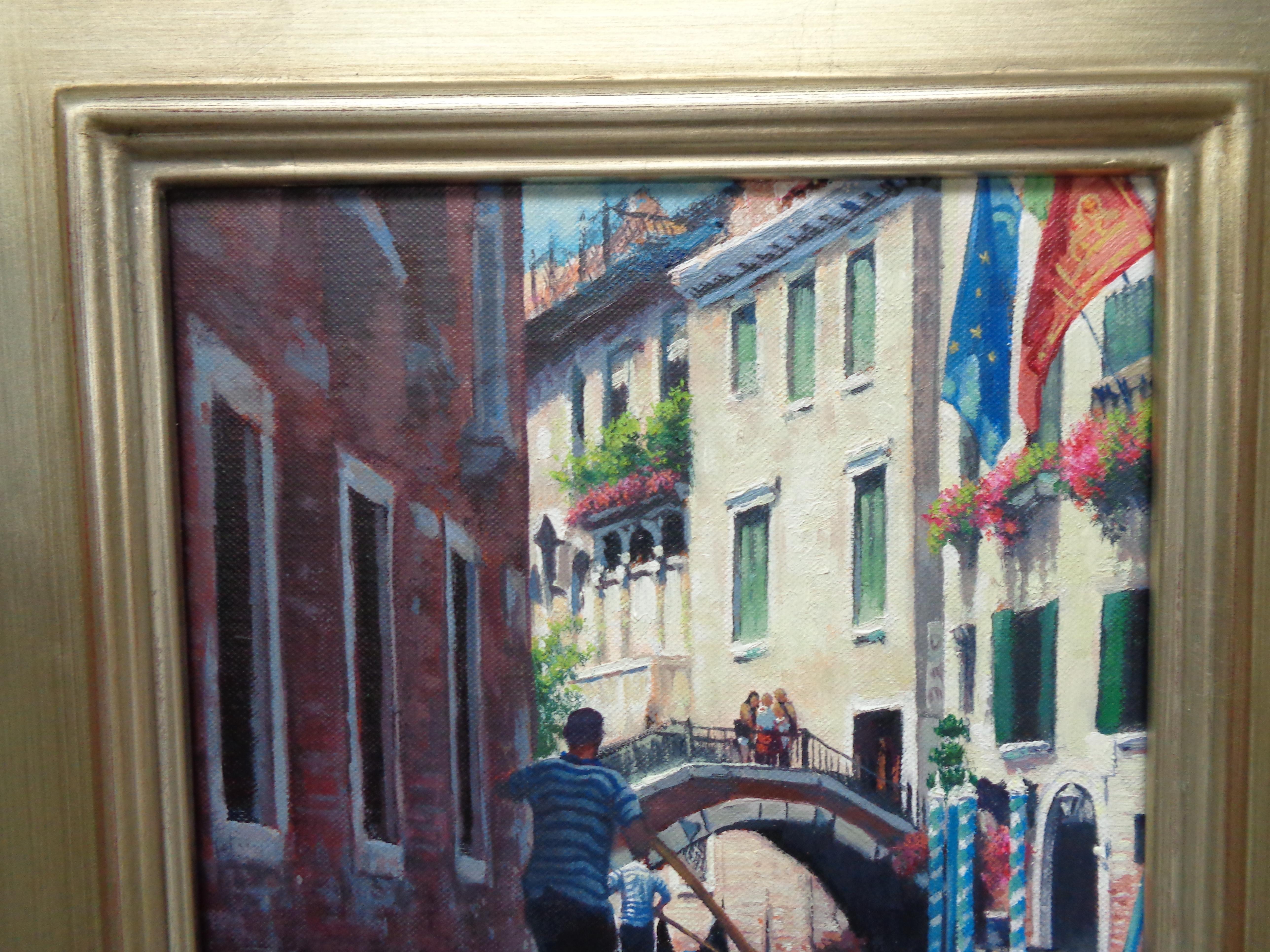 Realistic Seascape Venice Painting Michael Budden Gondoliers Sunlight & Flags For Sale 1