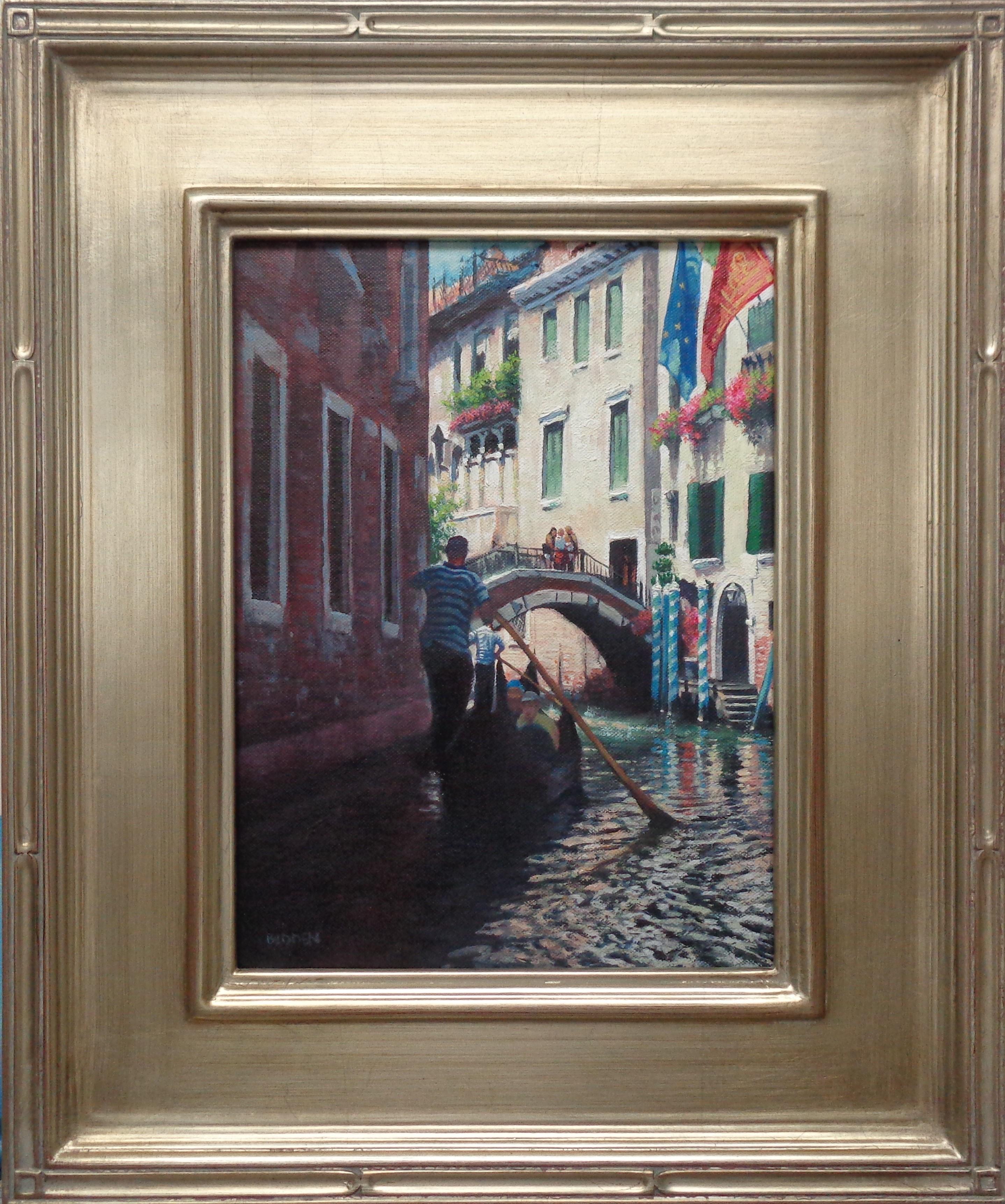 Sunlit Voyage, Gondoliers, Venice is a beautiful  oil painting on canvas panel by award winning contemporary artist Michael Budden that showcases a pair of gondoliers heading through the shadows with the sunlight hitting the buildings as they