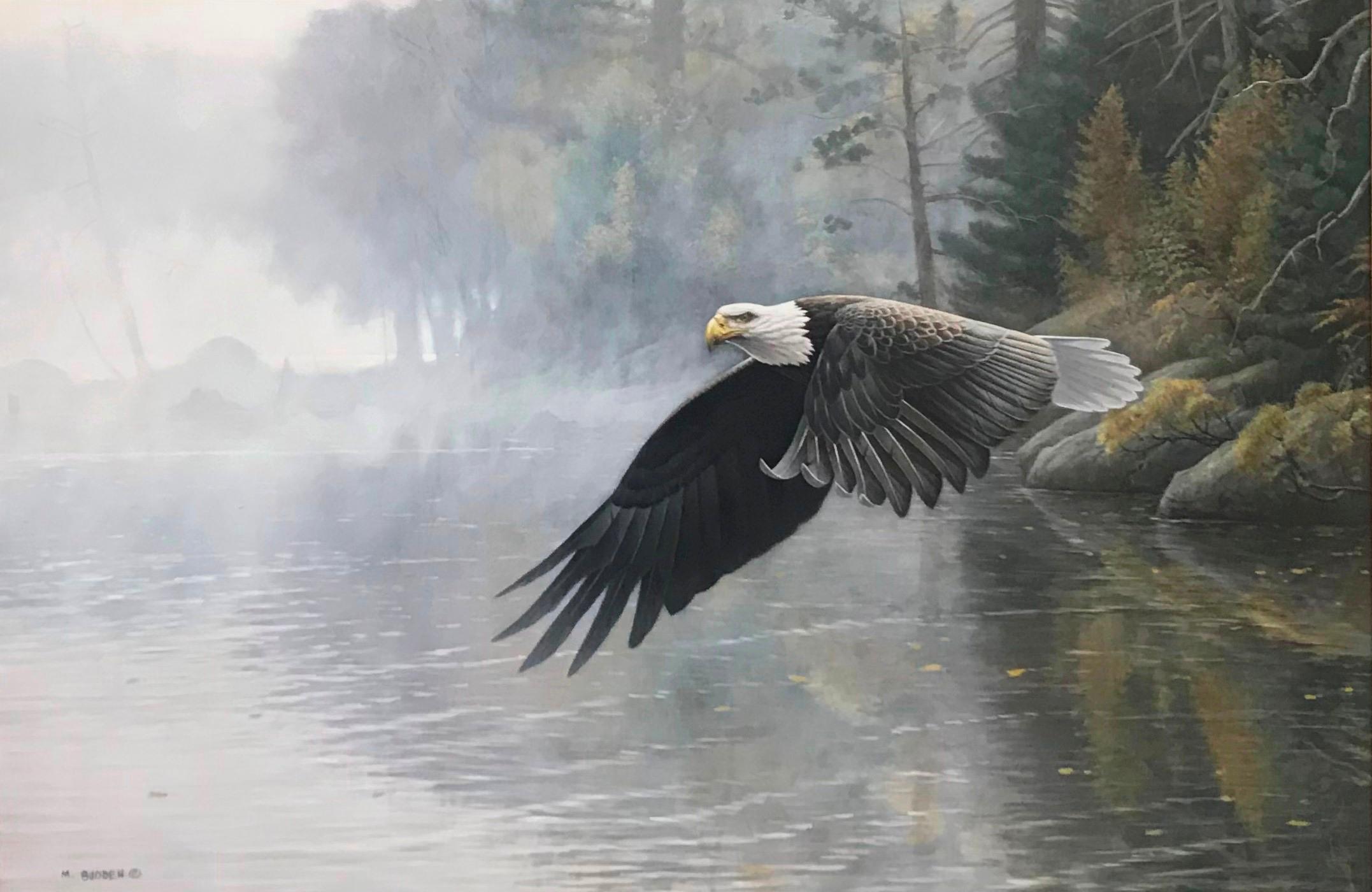  Peinture réaliste d'un paysage animalier avec aigle Bald Eagle de Michael Budden en vente 1