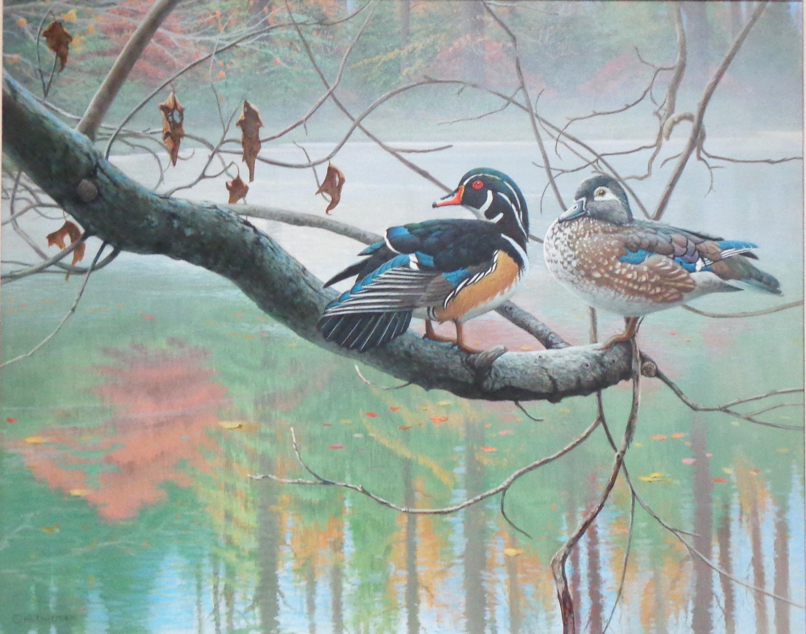  Peinture réaliste d'un paysage animalier représentant des canards en bois Michael Budden en vente 1