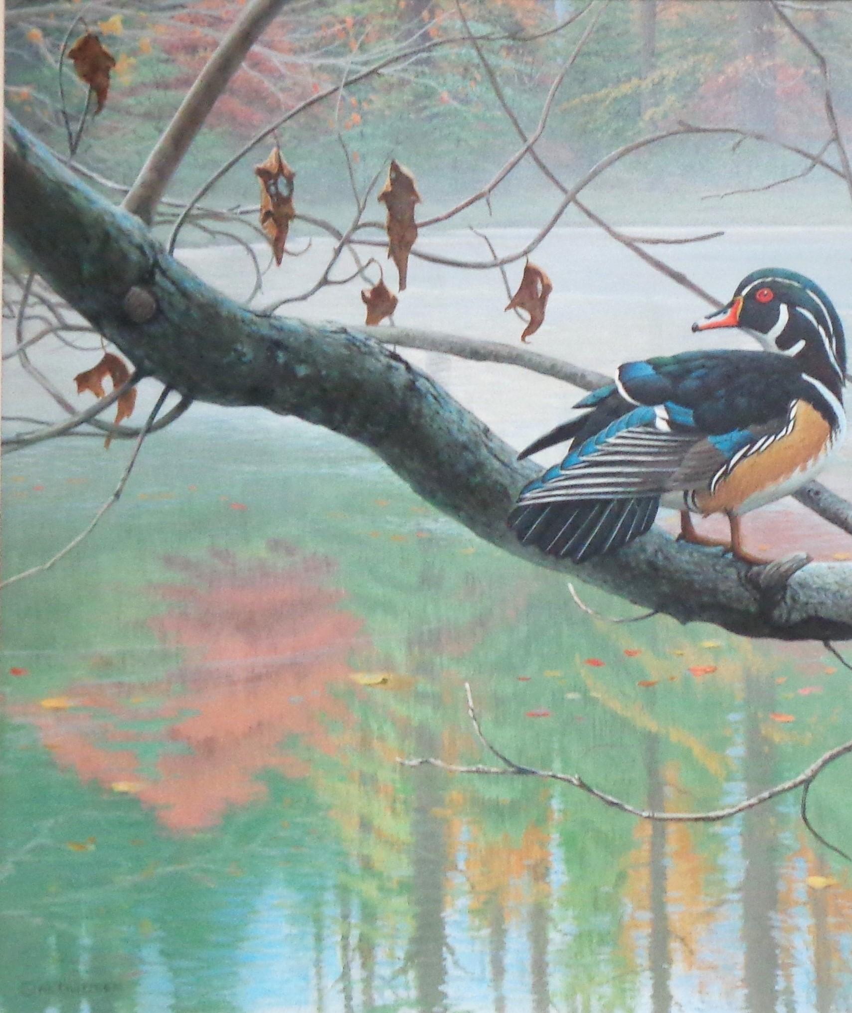  Peinture réaliste d'un paysage animalier représentant des canards en bois Michael Budden en vente 2