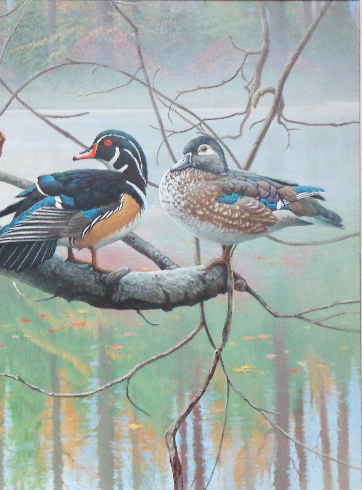  Peinture réaliste d'un paysage animalier représentant des canards en bois Michael Budden en vente 3