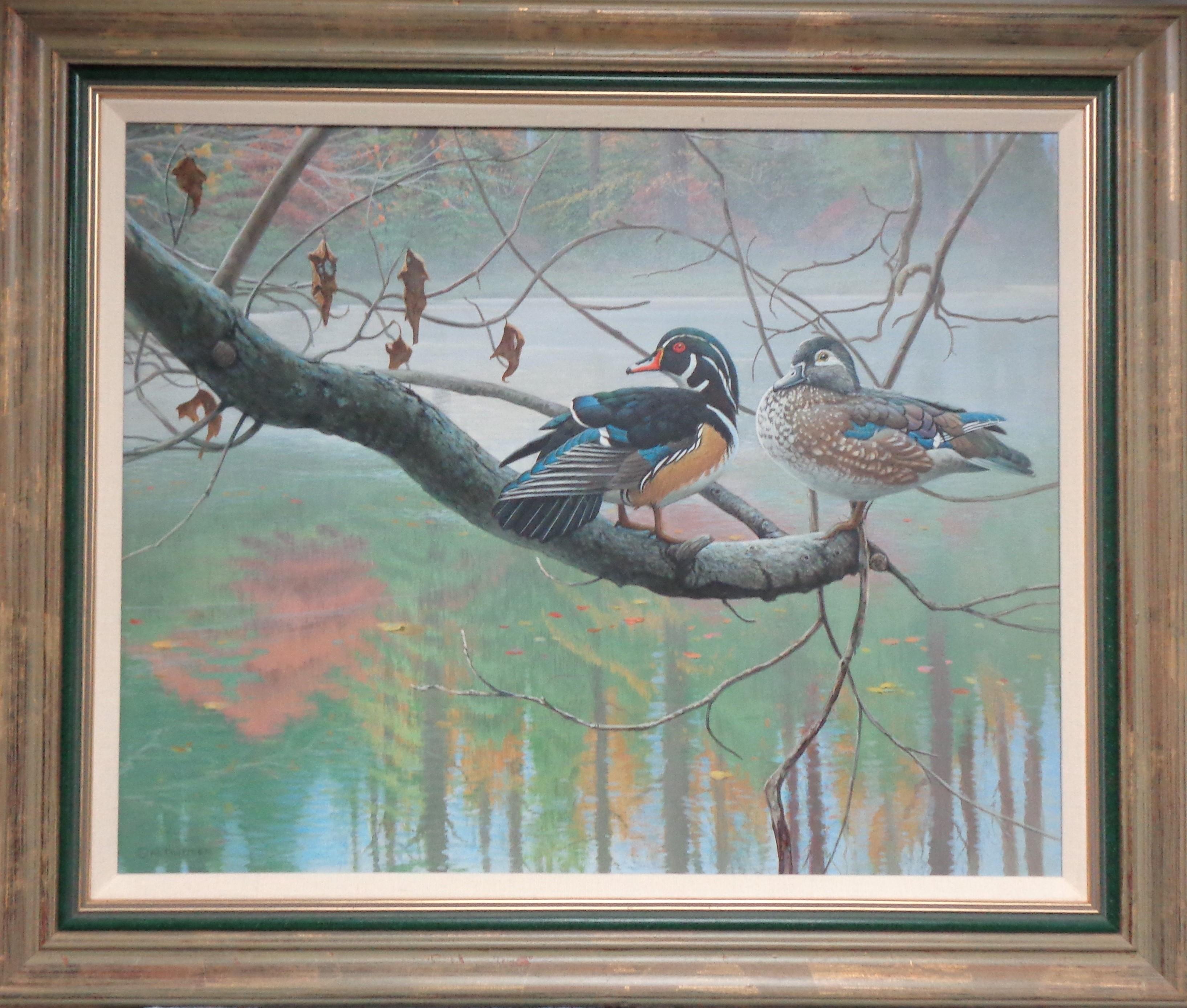 Un dipinto acrilico su pannello "PREMIO" del pluripremiato artista contemporaneo Michael Budden che mostra una splendida coppia di anatre di Wood nel loro ambiente naturale, in uno stile di realismo impressionistico. Il dipinto emana le ricchissime