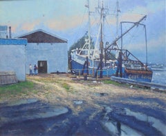 Meereslandschaft, Fischboot, Ölgemälde des preisgekrönten Künstlers Michael Budden