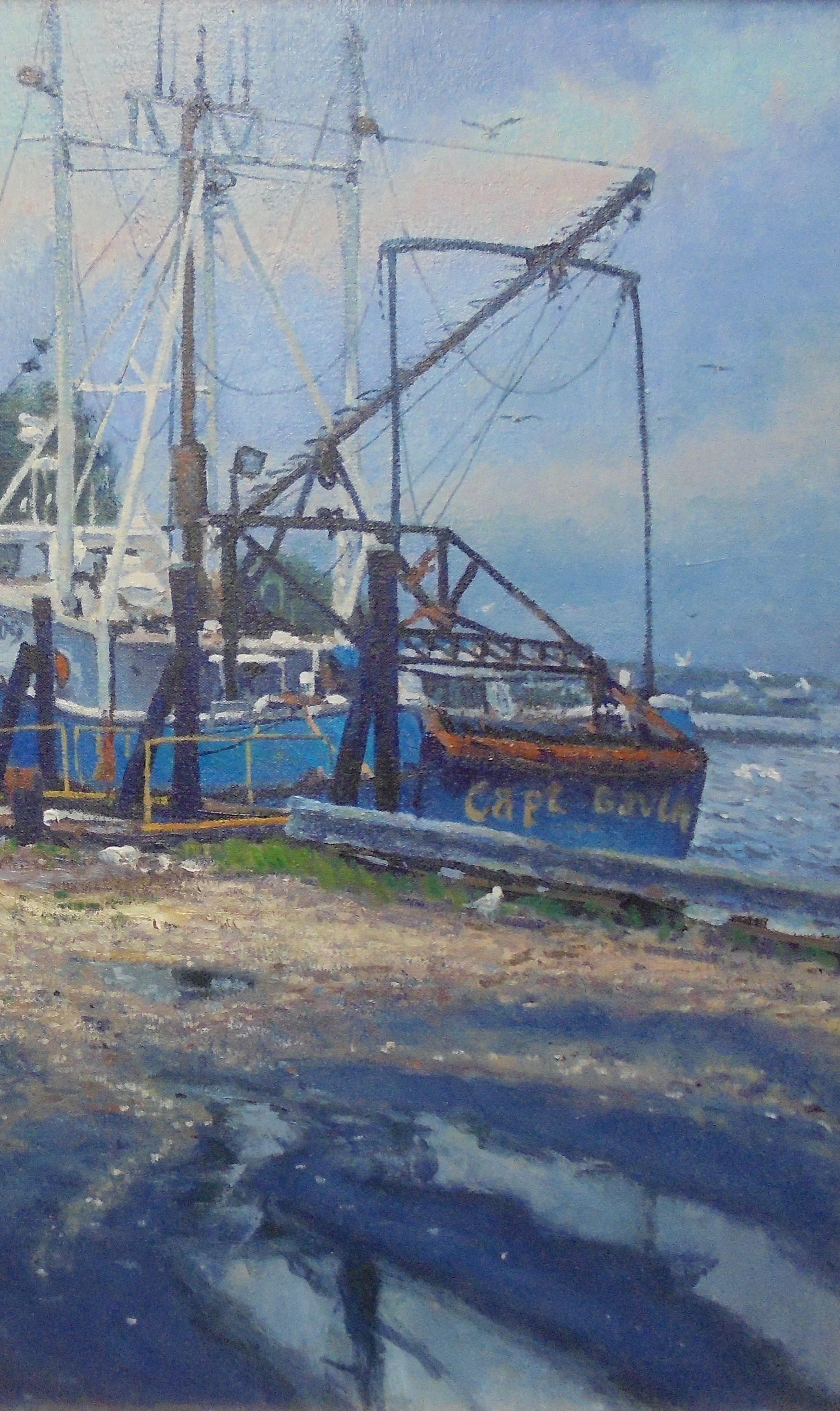 Paesaggio marino con barca da pesca dipinto ad olio dal pluripremiato artista Michael Budden in vendita 3