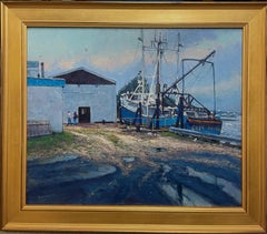 Paesaggio marino con barca da pesca dipinto ad olio dal pluripremiato artista Michael Budden