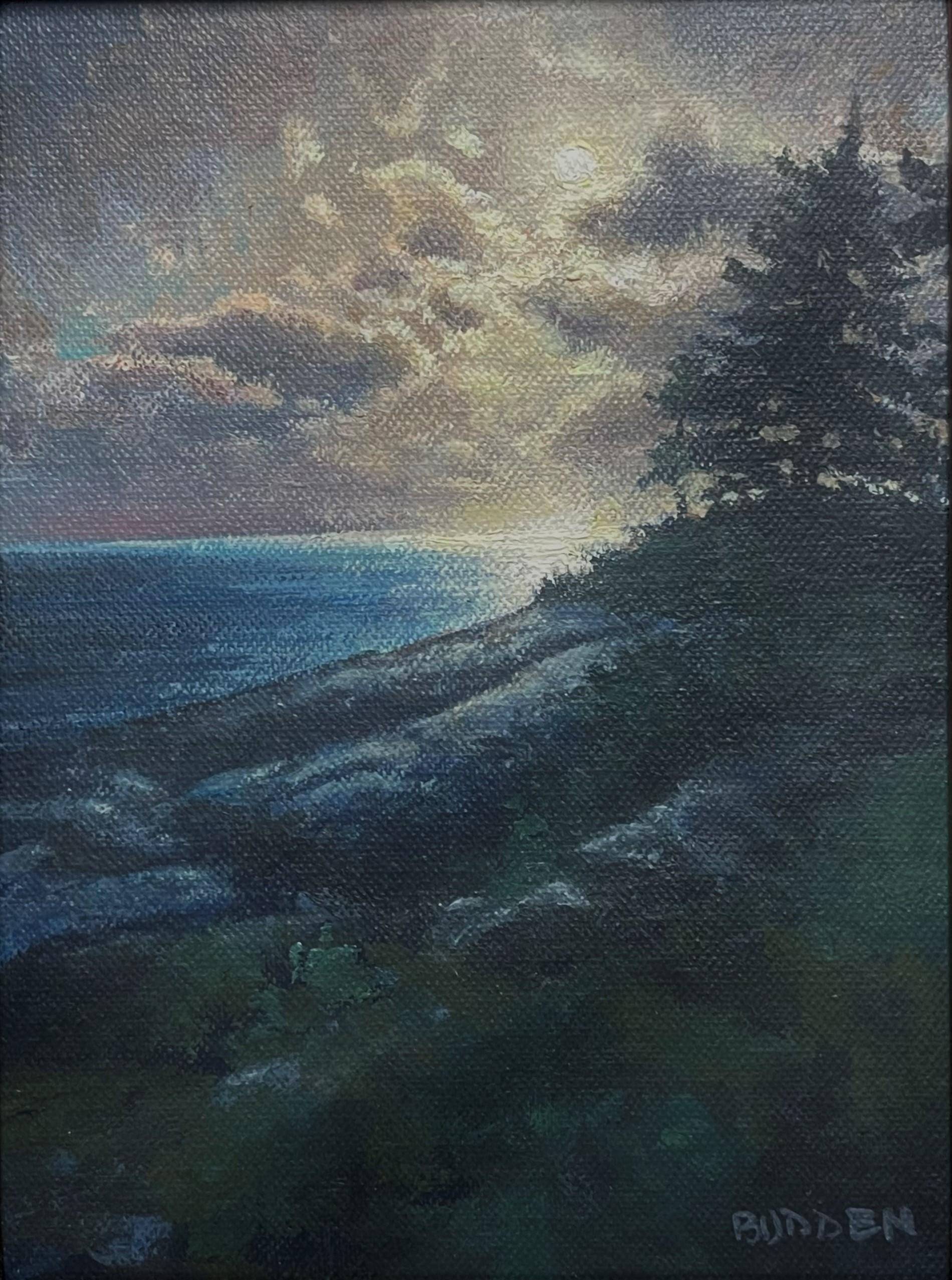Paisaje marino Nocturno Pintura al óleo Artista Michael Budden Atardecer opalescente Maine 1