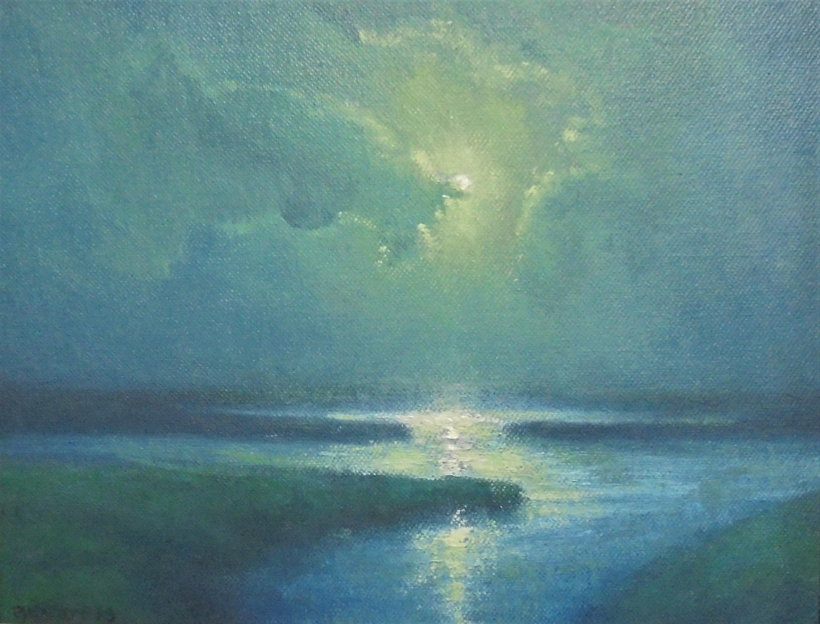 Pittura ad olio di paesaggio marino Artista pluripremiato Michael Budden Moonlight Marsh II 1