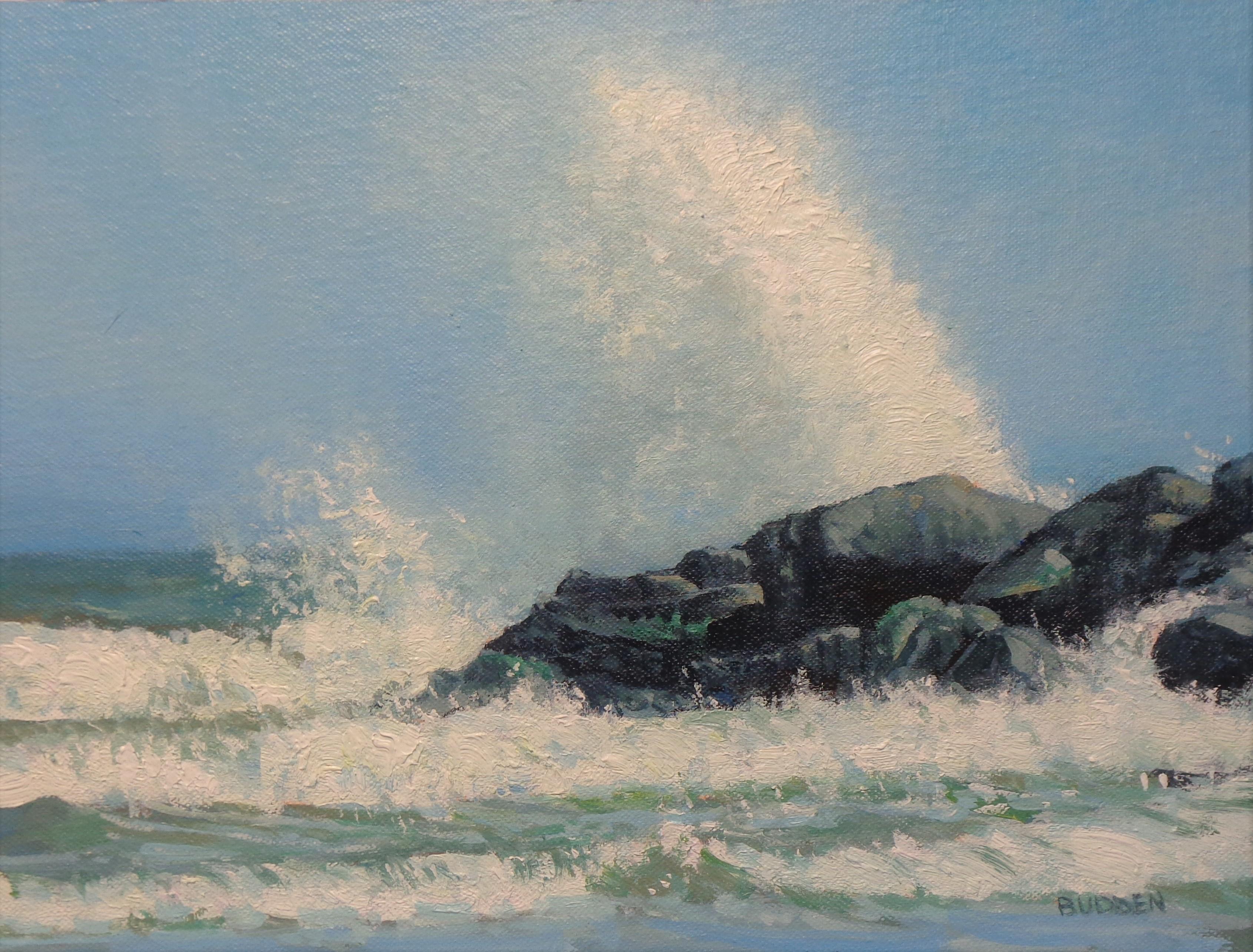 Paesaggio marino dipinto a olio dall'artista pluripremiato Michael Budden Studio di schizzi d'onda in vendita 1