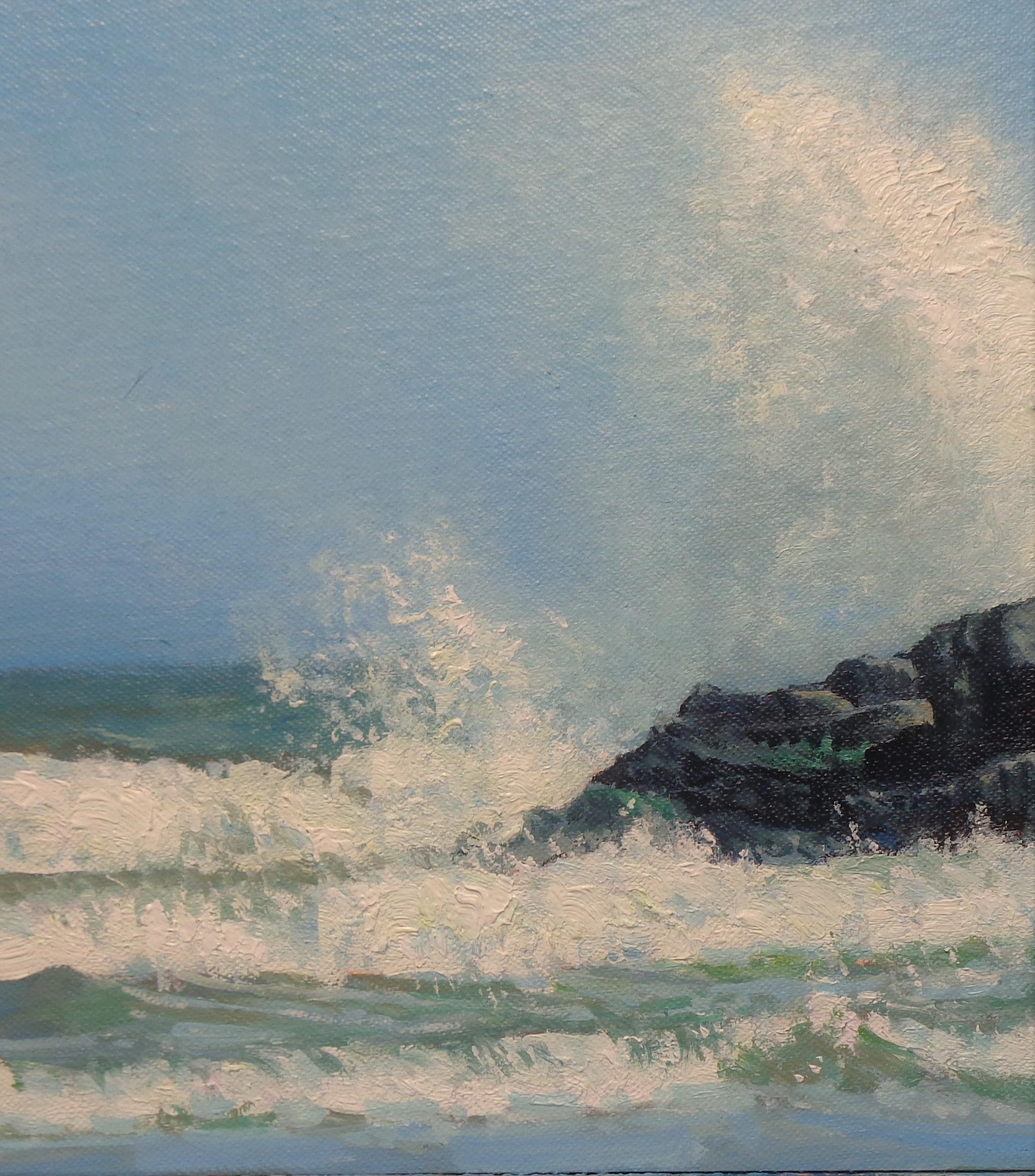 Paesaggio marino dipinto a olio dall'artista pluripremiato Michael Budden Studio di schizzi d'onda in vendita 2