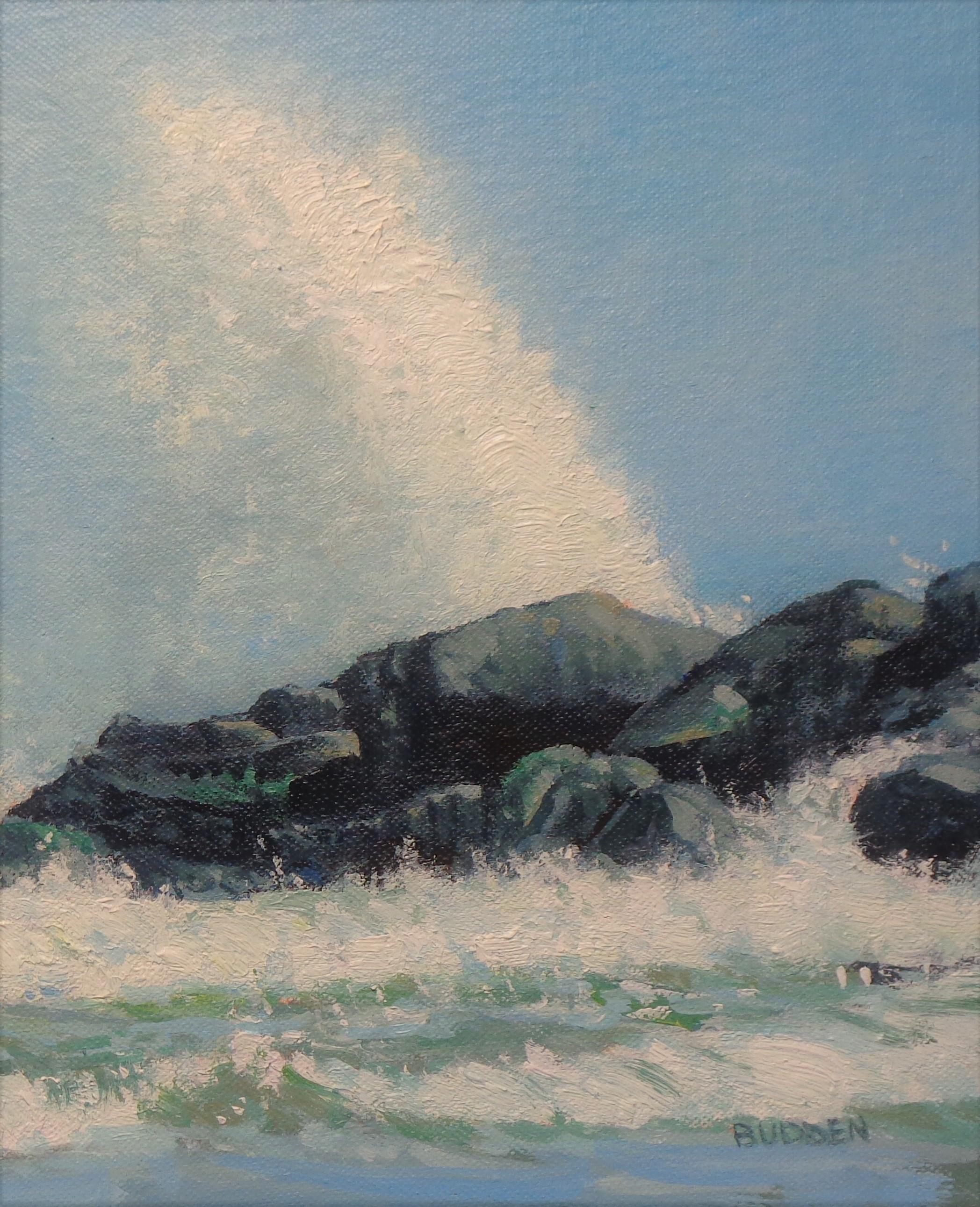 Paesaggio marino dipinto a olio dall'artista pluripremiato Michael Budden Studio di schizzi d'onda in vendita 3