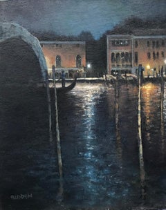 Pittura ad olio paesaggio marino Venezia Notturno Gondola di Michael Budden