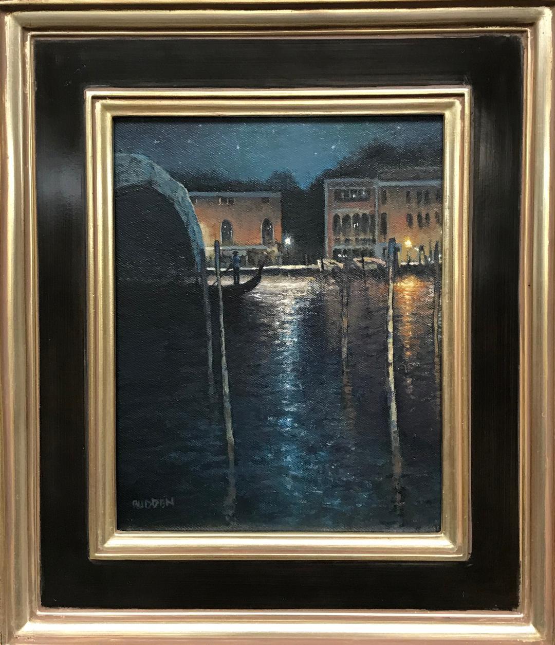Evening On The Canal, Venice
oil/panel
10 x 8 unframed
Evening On the Canal, Venice is an oil painting on panel by award winning contemporary artist Michael Budden that showcases a dramatic moonlight and reflection effect as a gondola glides
