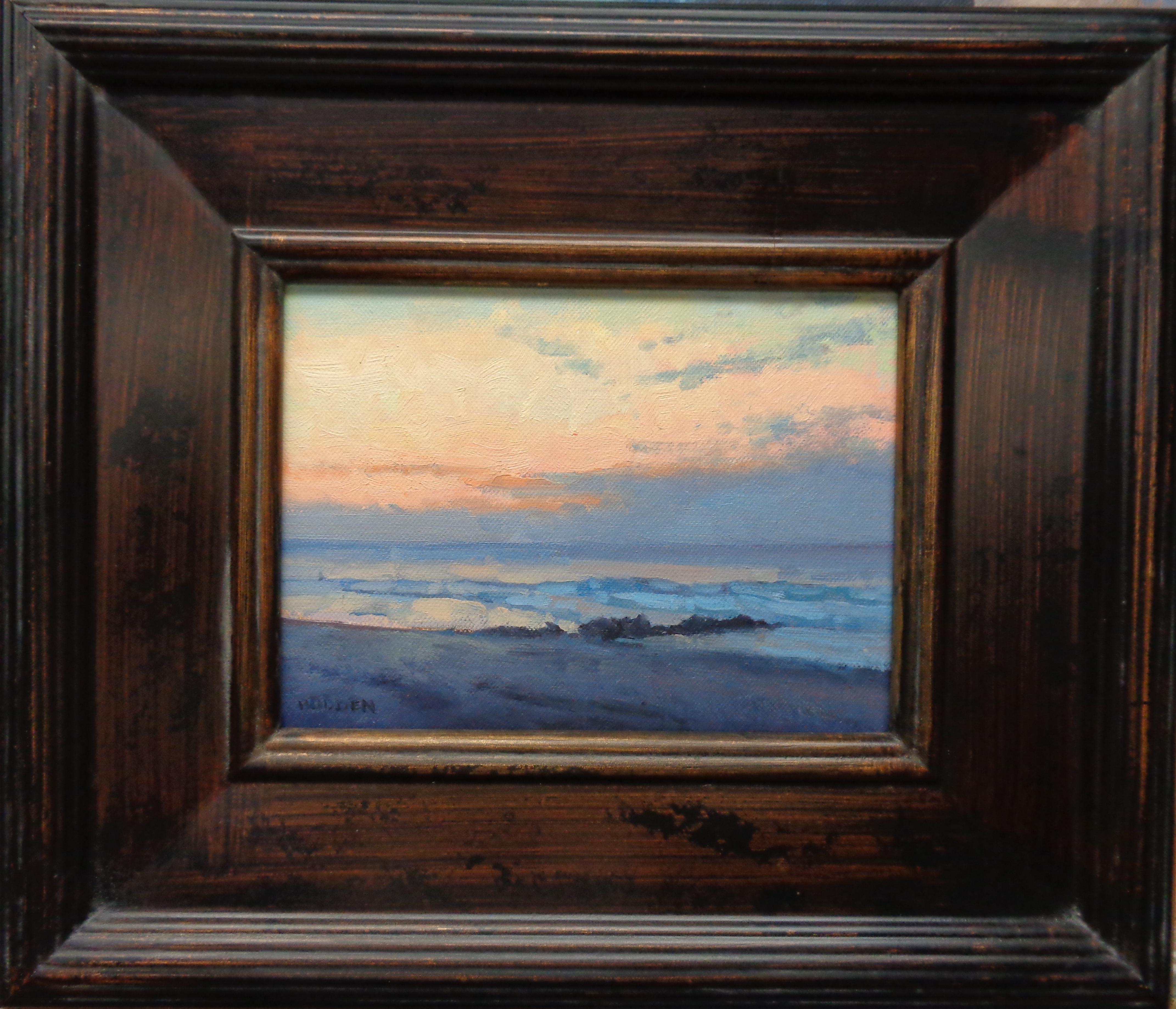 An study oil painting on canvas by award winning contemporary artist Michael Budden that showcases a unique composition of  a sunrise on the beach created in an impressionistic realism style. The painting exudes the very rich qualities of color, and