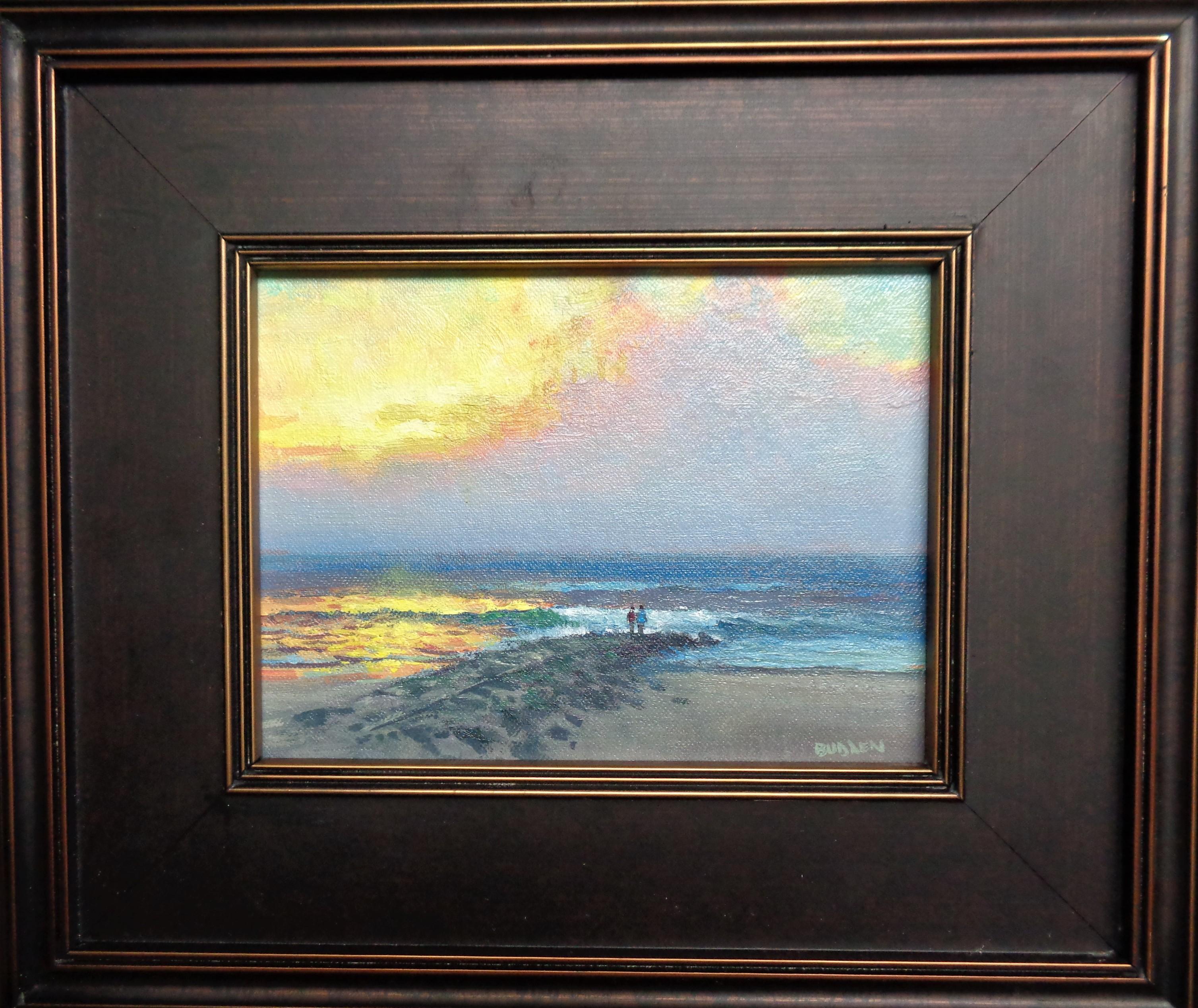 An study oil painting on canvas by award winning contemporary artist Michael Budden that showcases a unique composition of  a sunrise on the beach created in an impressionistic realism style. The painting exudes the very rich qualities of color, and