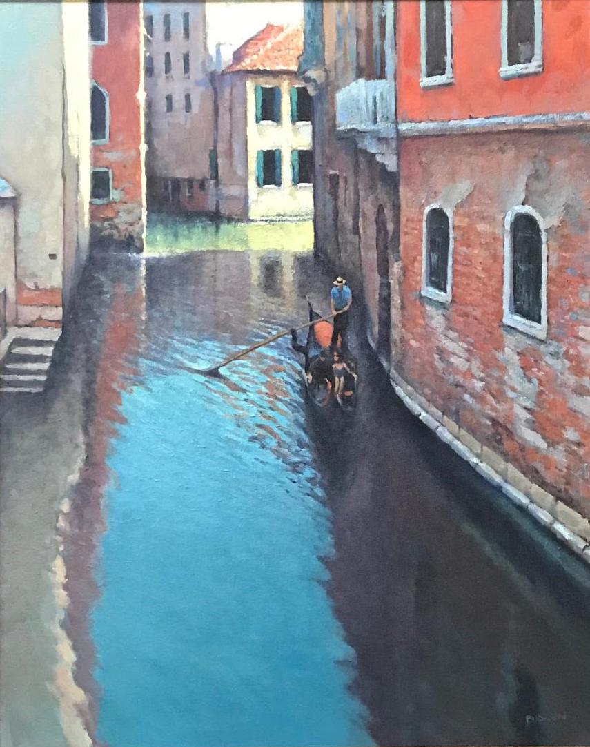 Paisaje marino Venecia Pintura al óleo de Michael Budden Pareja romántica en góndola en venta 1