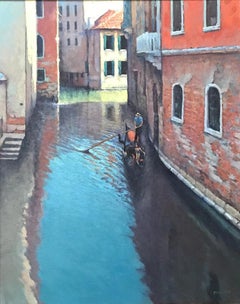 Peinture à l'huile de Michael Budden, couple romantique dans une gondole à Venise