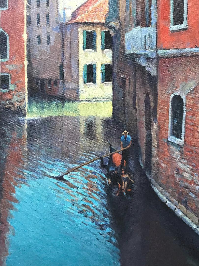 Paisaje marino Venecia Pintura al óleo de Michael Budden Pareja romántica en góndola en venta 2