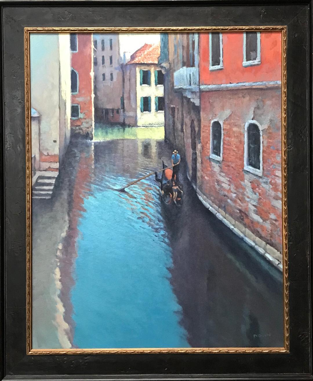 Reflejos de Venecia es un óleo sobre lienzo del galardonado artista contemporáneo Michael Budden que muestra un romántico paseo por el canal de una pareja creado en un estilo de realismo impresionista. El cuadro desprende las riquísimas cualidades