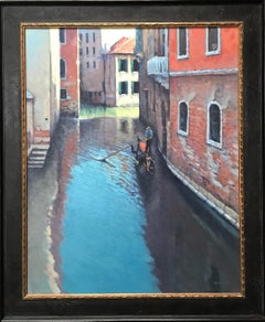 Peinture à l'huile de Michael Budden, couple romantique dans une gondole à Venise