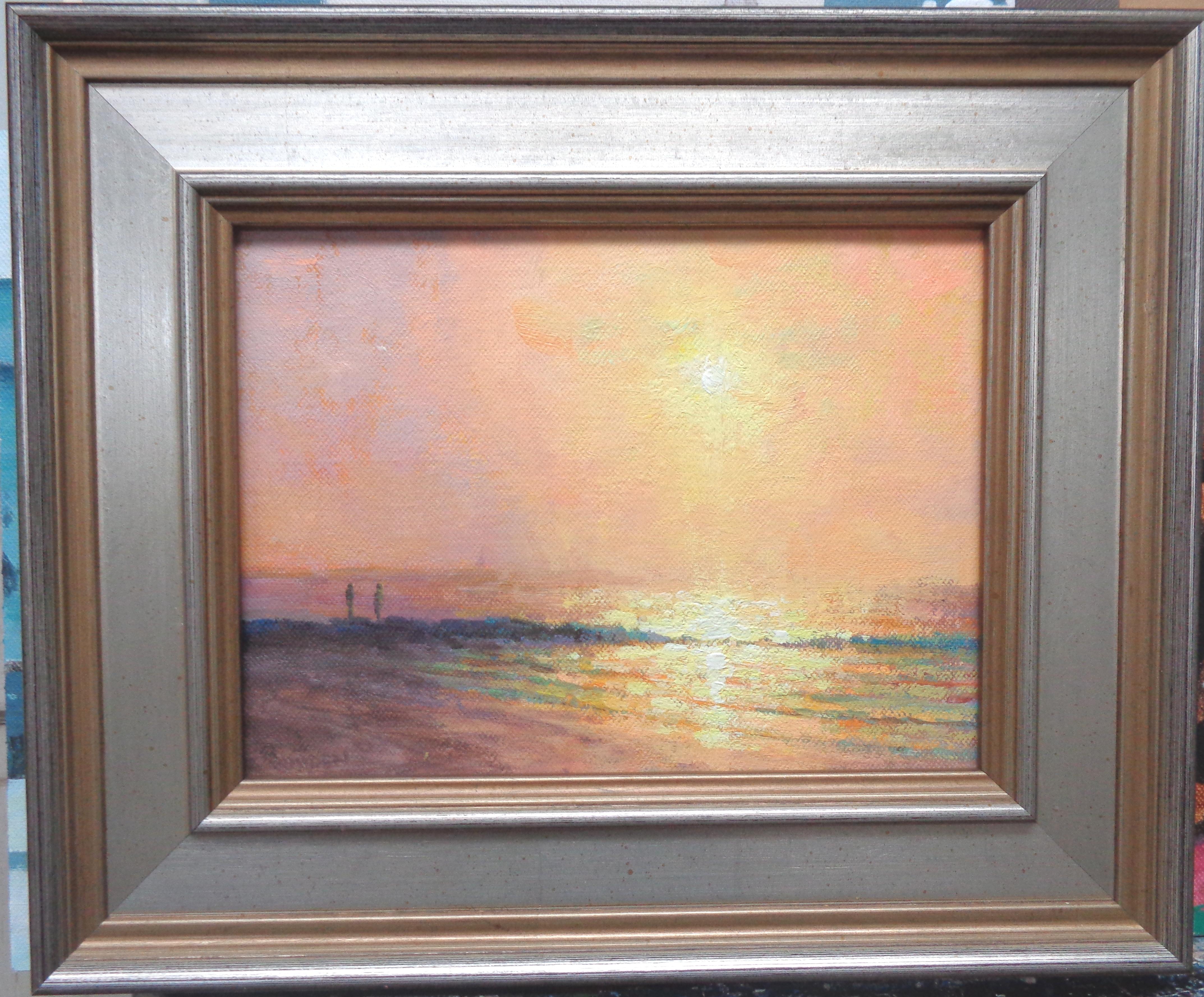 An oil painting on canvas by award winning contemporary artist Michael Budden that showcases a beautiful sunrise seascape created in an impressionistic realism style. The painting exudes the very rich qualities of color, and beautiful light that is