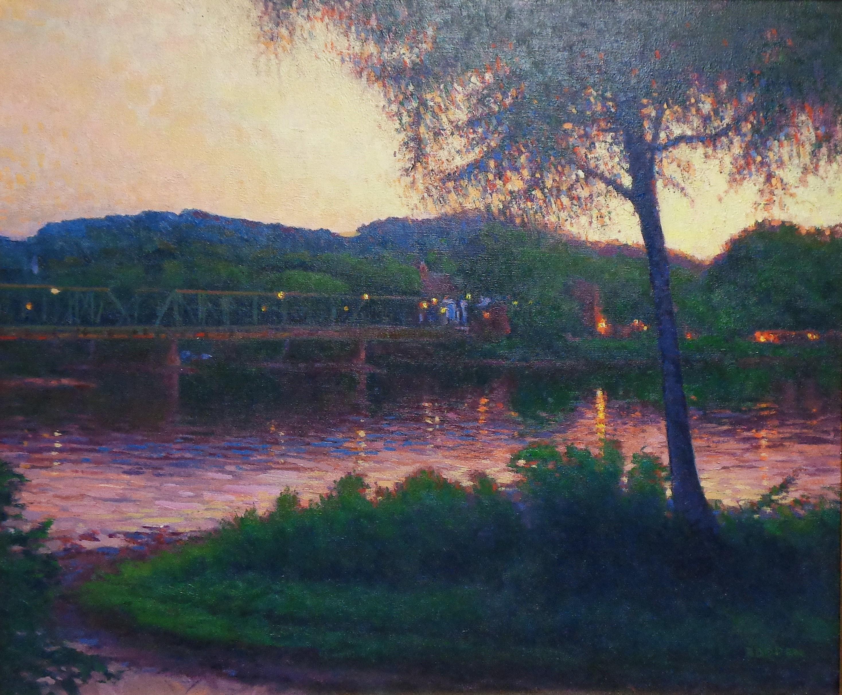 Sunset Oil Painting New Hope Lambertville Bridge Michael Budden Award Winner For Sale 1