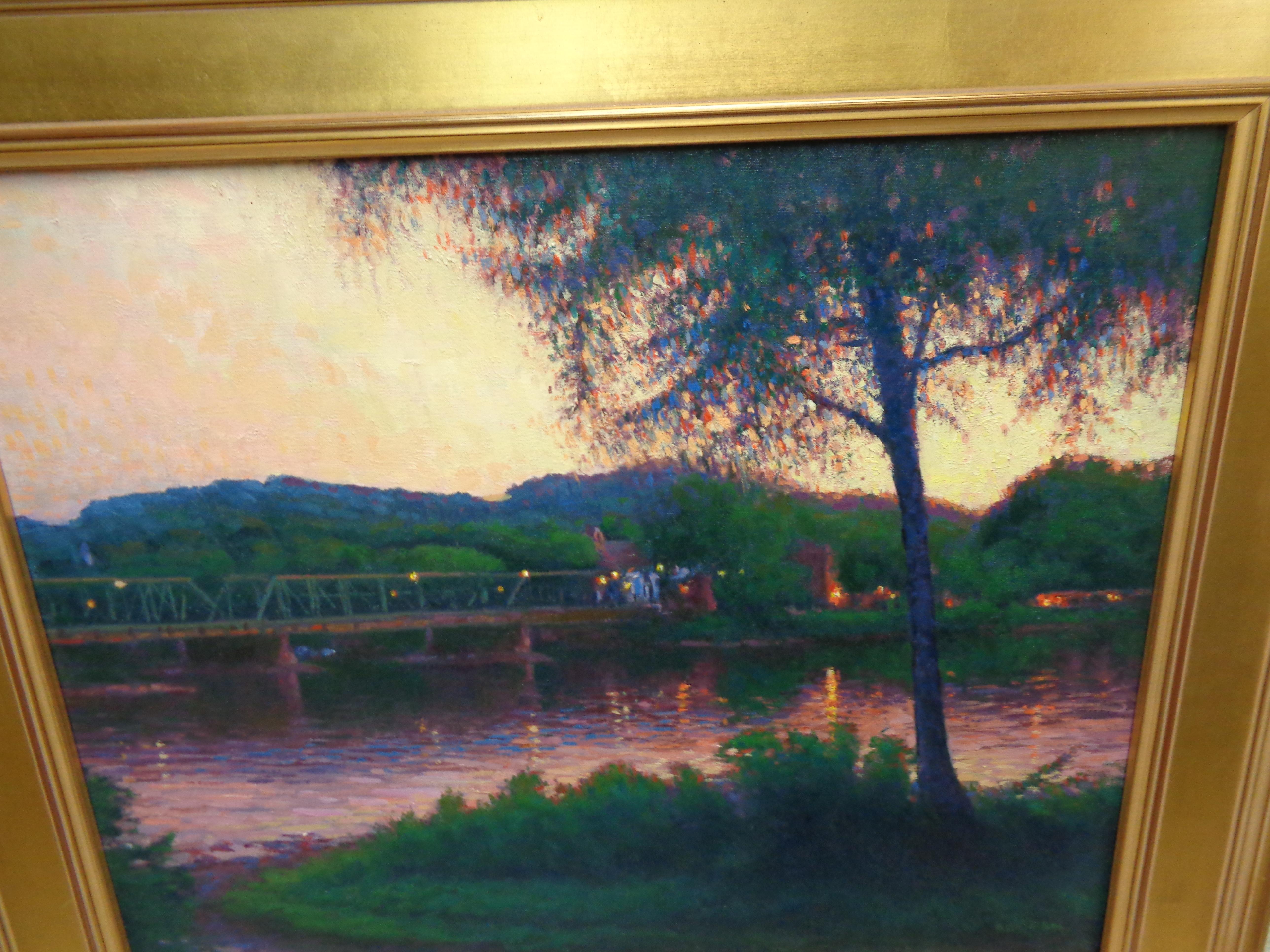 Sunset Oil Painting New Hope Lambertville Bridge Michael Budden Award Winner For Sale 6