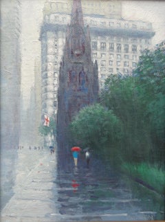 New York City Flag Oil Painting Rainy Street & Trinity Church Michael Budden