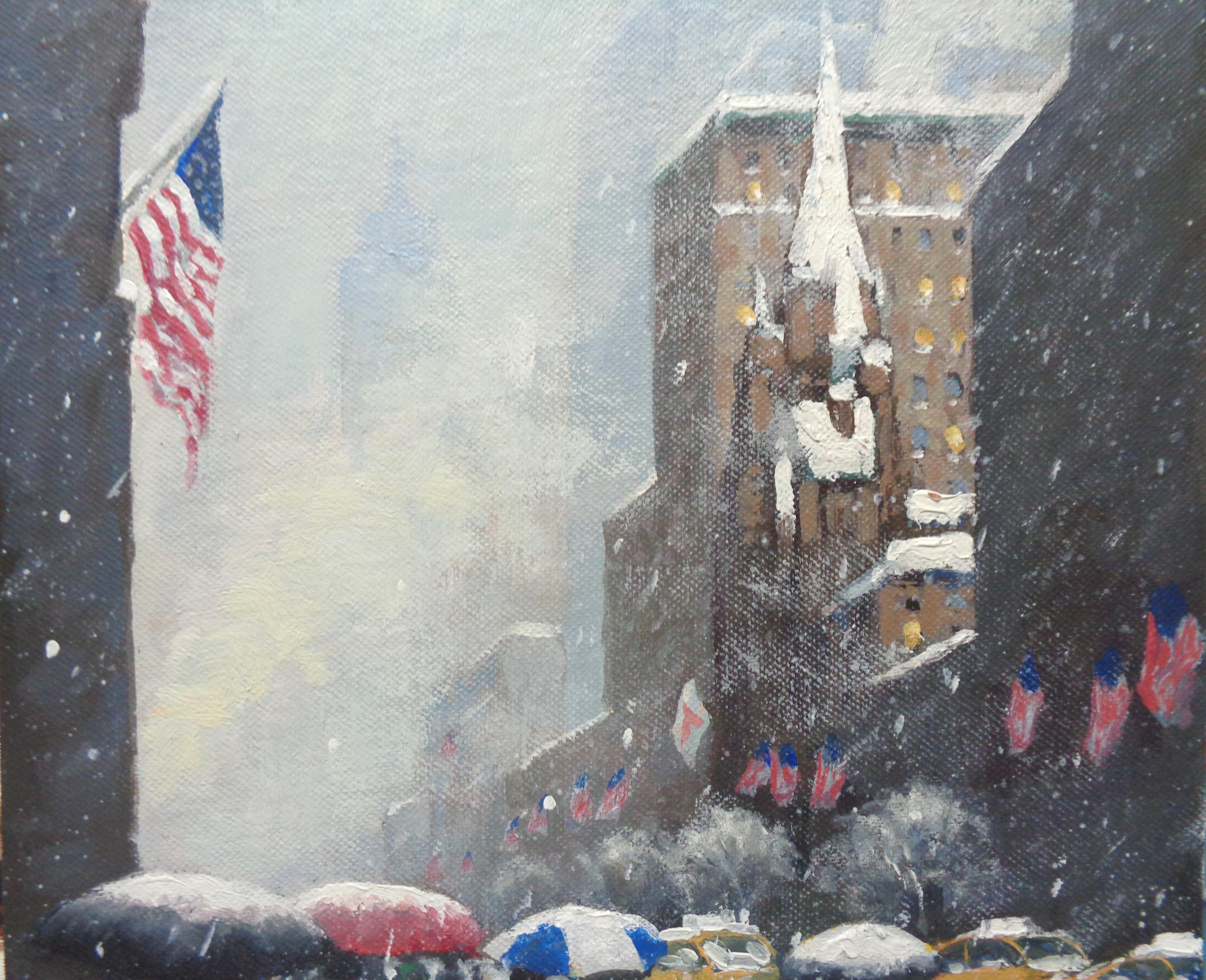 New York City Winter Flags Oil Painting of Fifth Avenue by Michael Budden 2