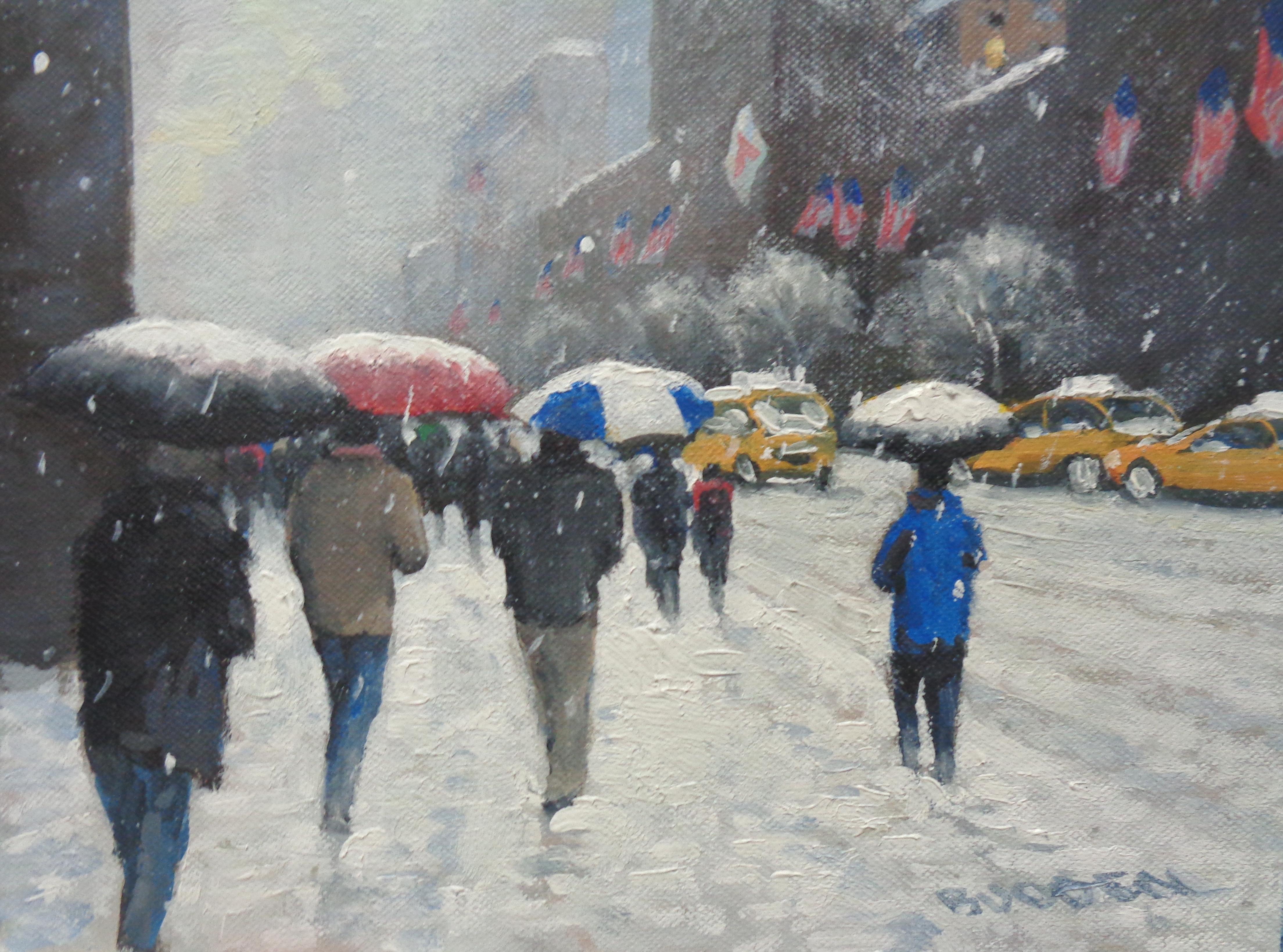 New York City Winter Flags Oil Painting of Fifth Avenue by Michael Budden 4