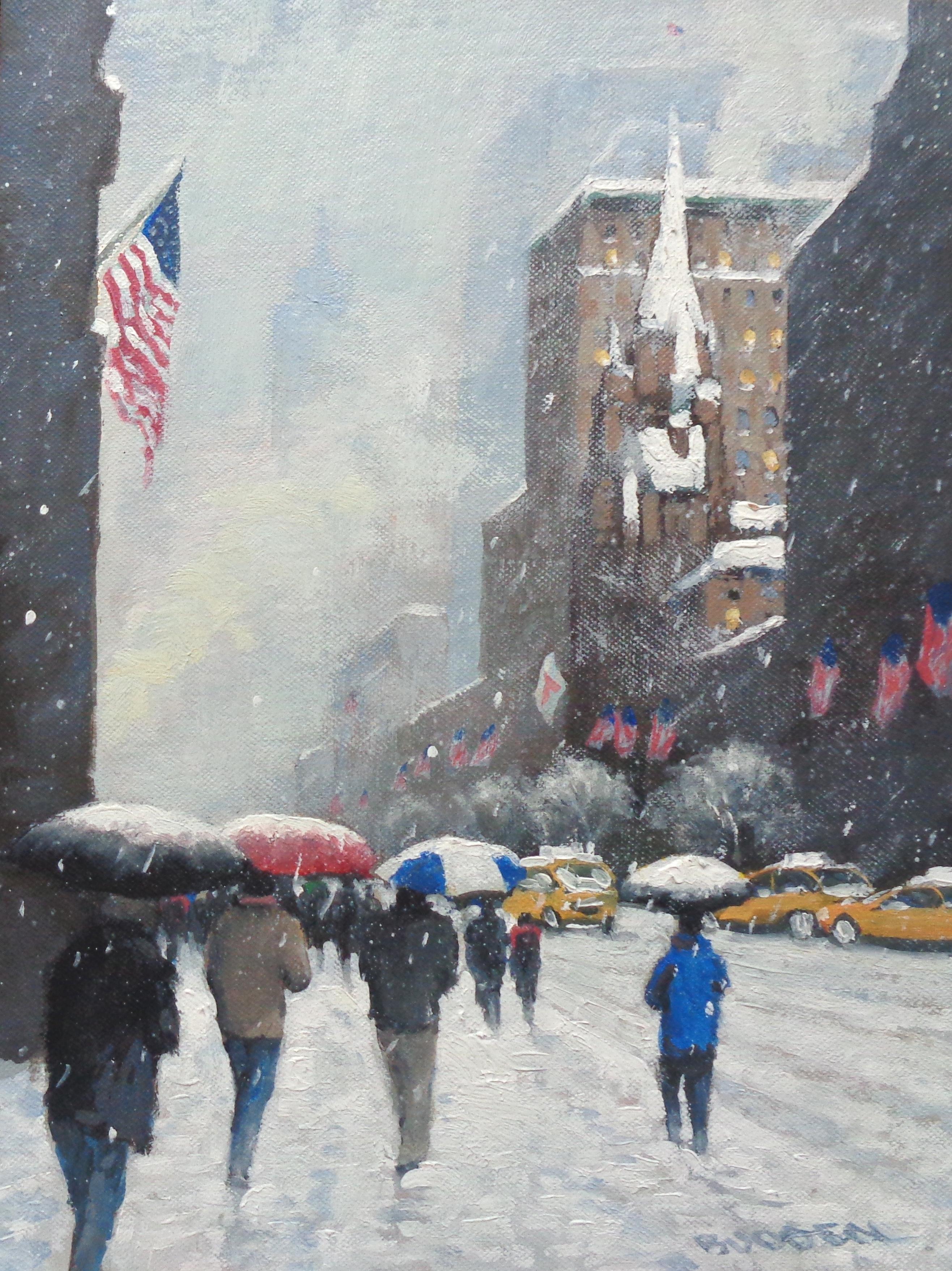 New York City Winter Flags Oil Painting of Fifth Avenue by Michael Budden 1