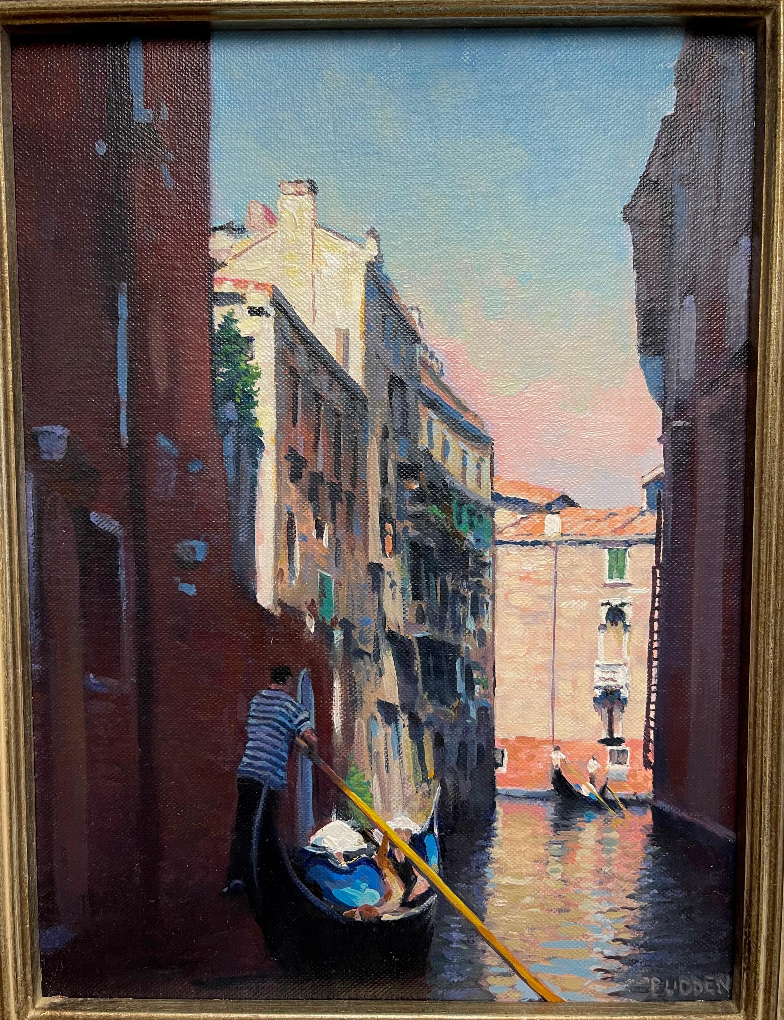 Venice Meereslandschaft Gondola Ölgemälde Michael Budden Schönes Licht Venedig im Angebot 1