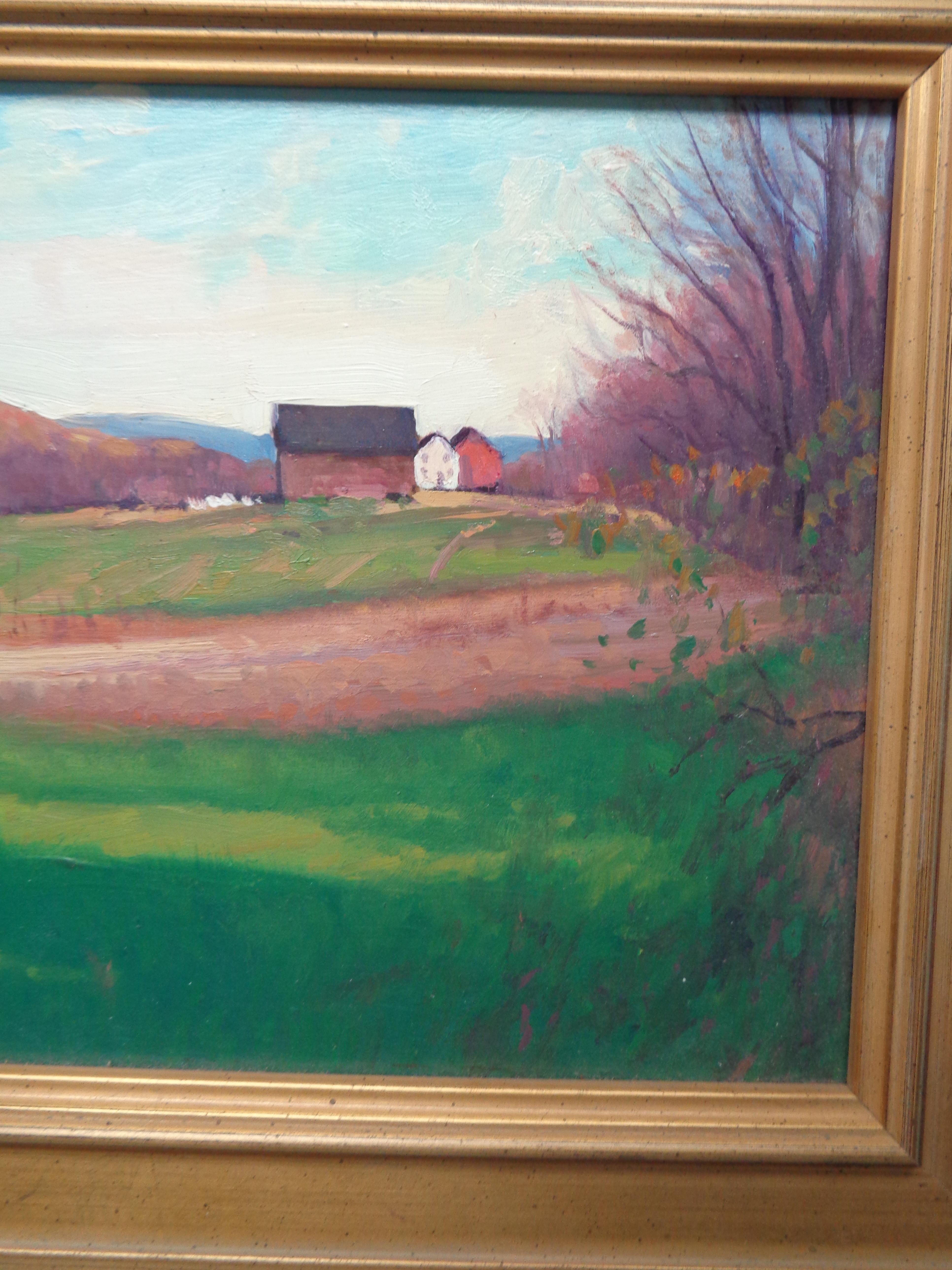 On A Clear Day is an oil painting on canvas by award winning contemporary artist Michael Budden that showcases a beautiful early Springtime view of a Vermont hillside with barn. The image measures 8 x 12 unframed and 11.50 x 15.75 framed.  
ARTIST'S