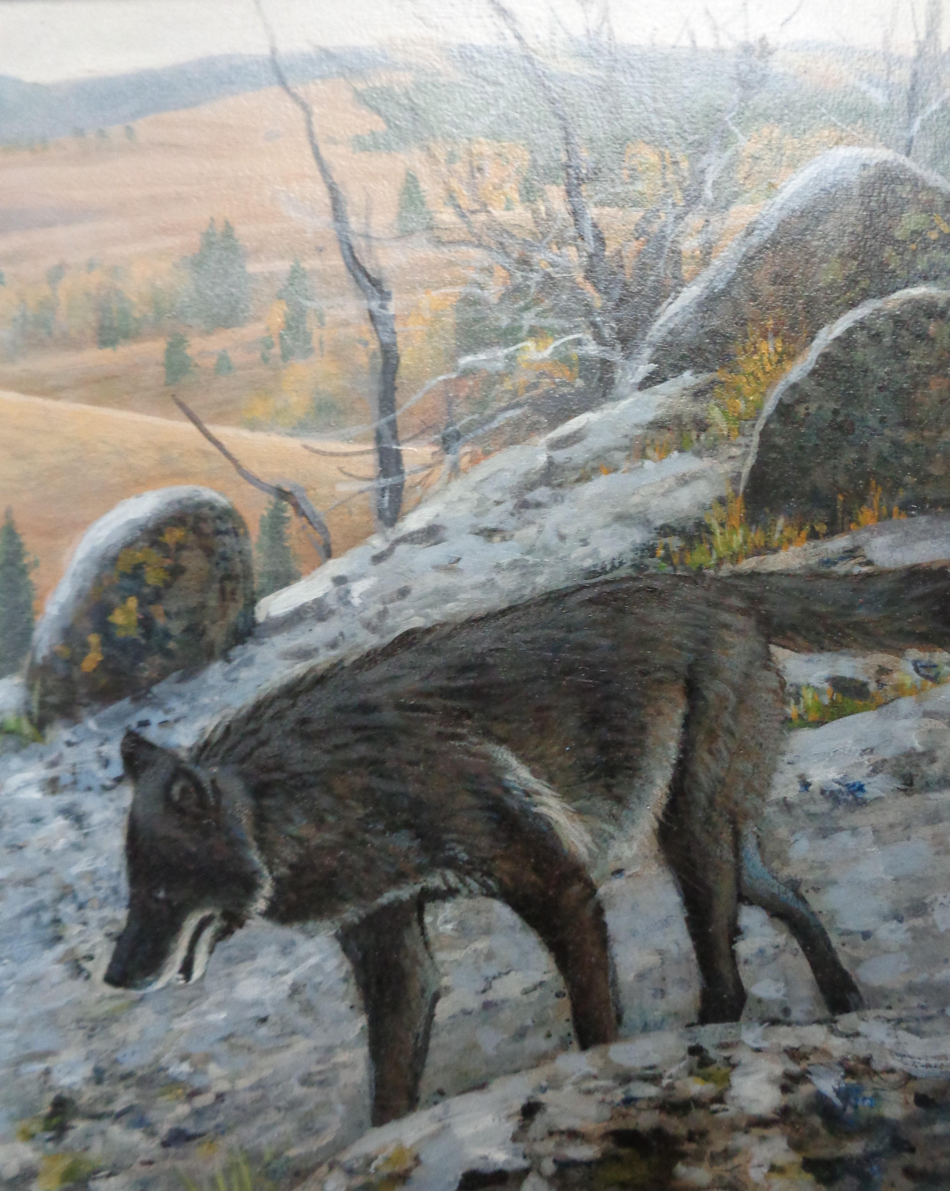 Pittura di paesaggi selvatici di Michael Budden Animali Lupi in vendita 3