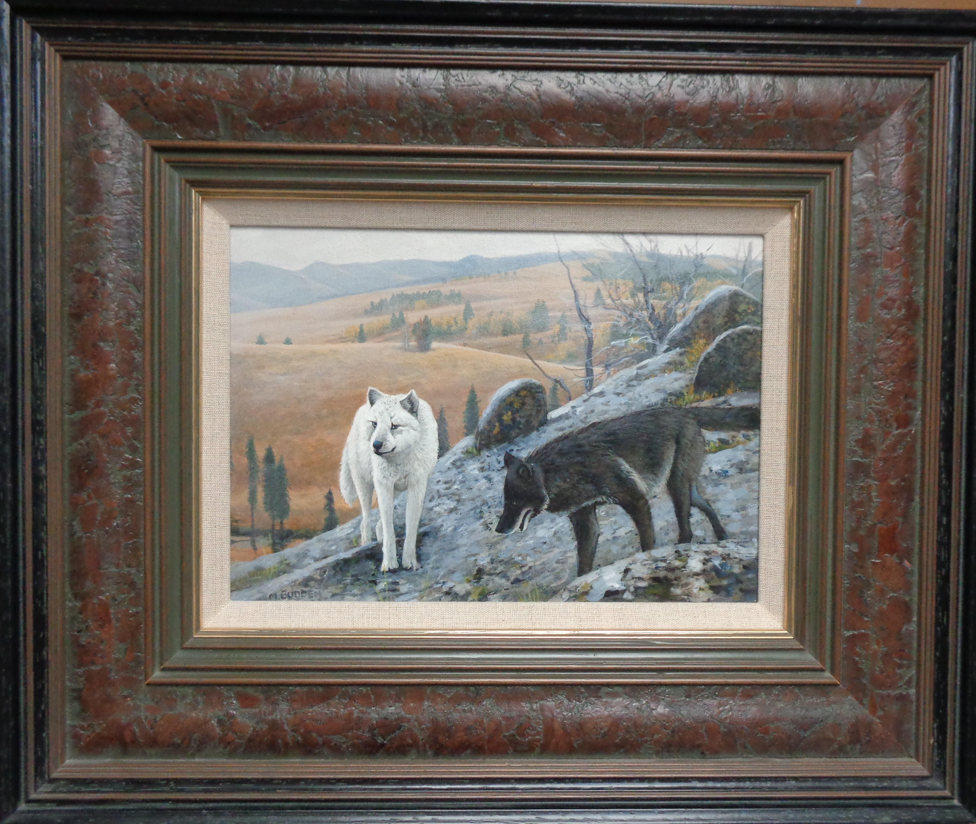 High Vantage, Wolves
 8 x 10.5 unframed and 14.5 x 17.5 framed. 
signed LL
High Vantage, Wolves is an acrylic painting on panel by award winning contemporary artist Michael Budden that showcases a pair of wolves overlooking their beautiful