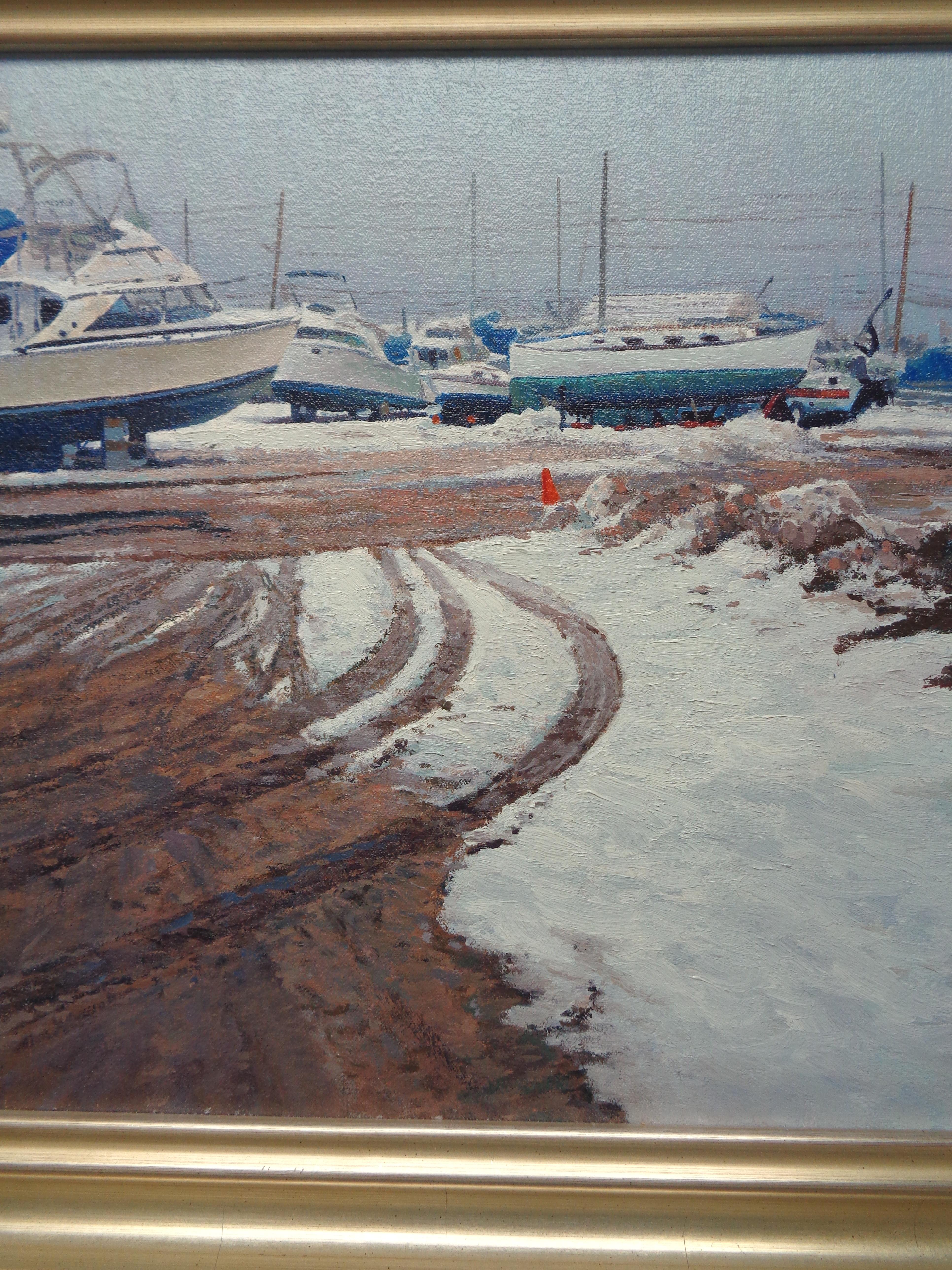 Winter Boats Oil Painting by Michael Budden Winter At Beattons Boat Yard NJ For Sale 2