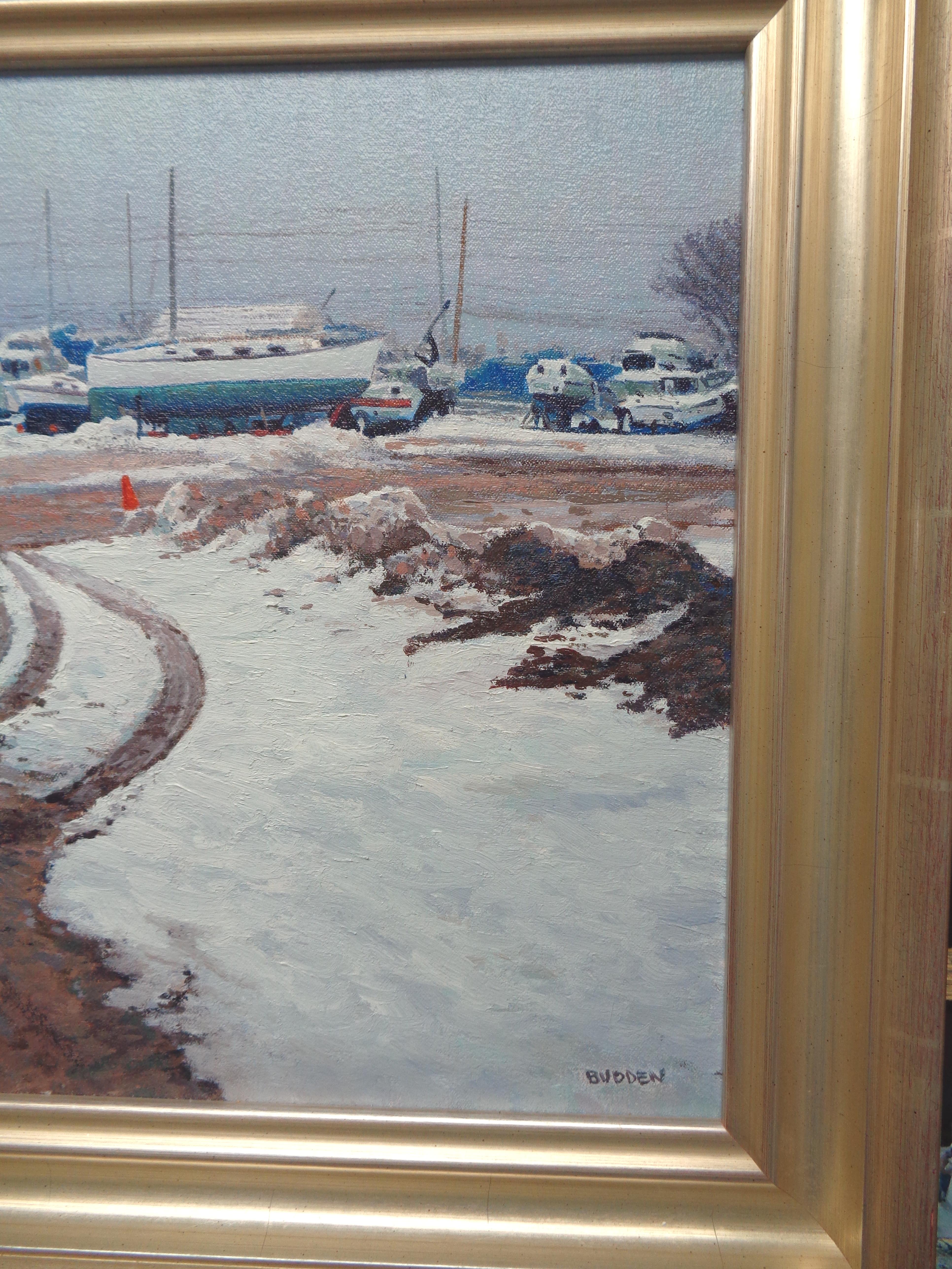 Winter Boats Oil Painting by Michael Budden Winter At Beattons Boat Yard NJ For Sale 3
