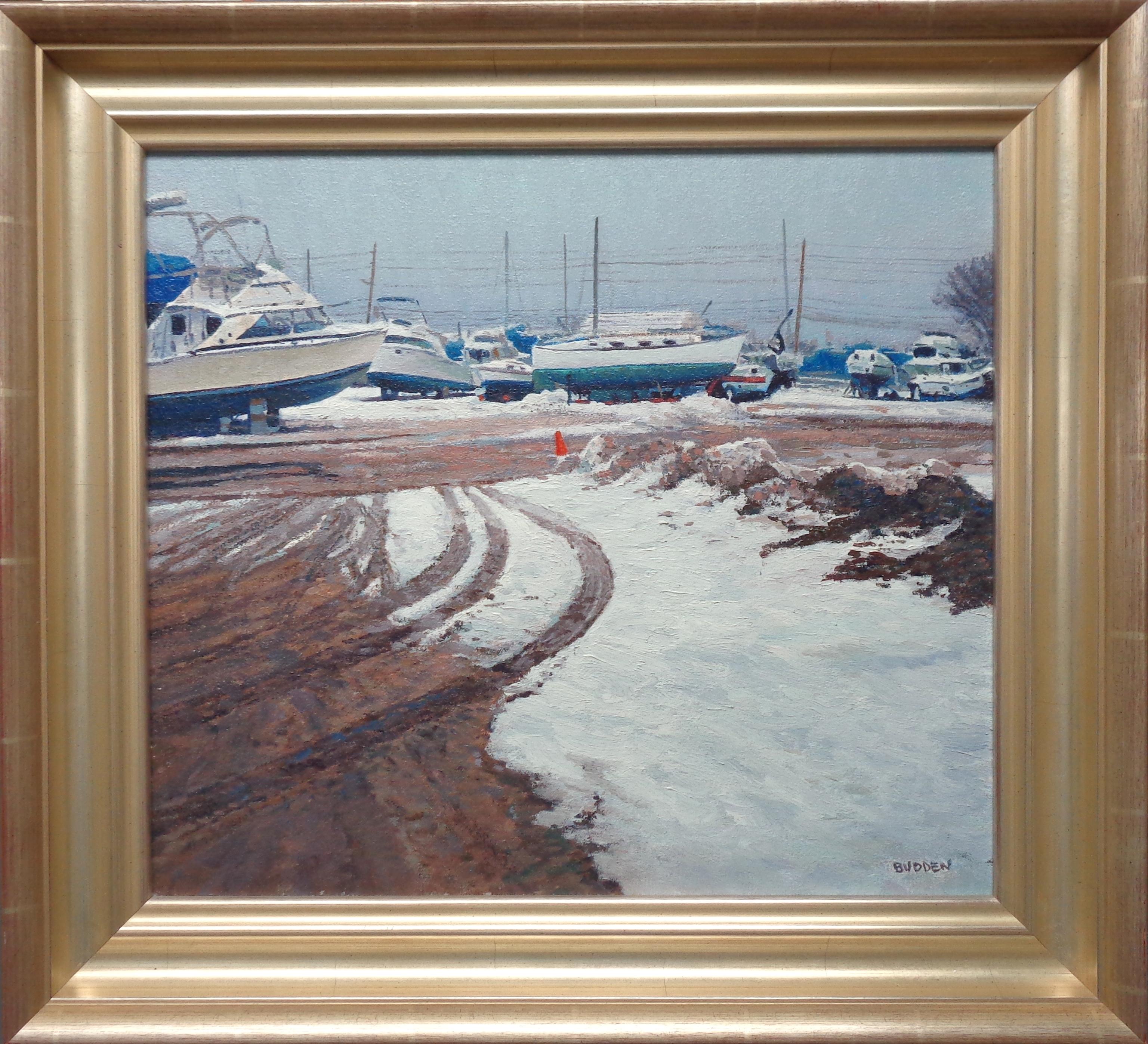 Winter at Beattons Boat Yard is an oil painting on canvas by award winning contemporary artist Michael Budden that showcases a beautiful winter view of boats at Beattons Boat yard in Pt Pleasant NJ. The image measures 16 x 18 unframed and 20.75 x