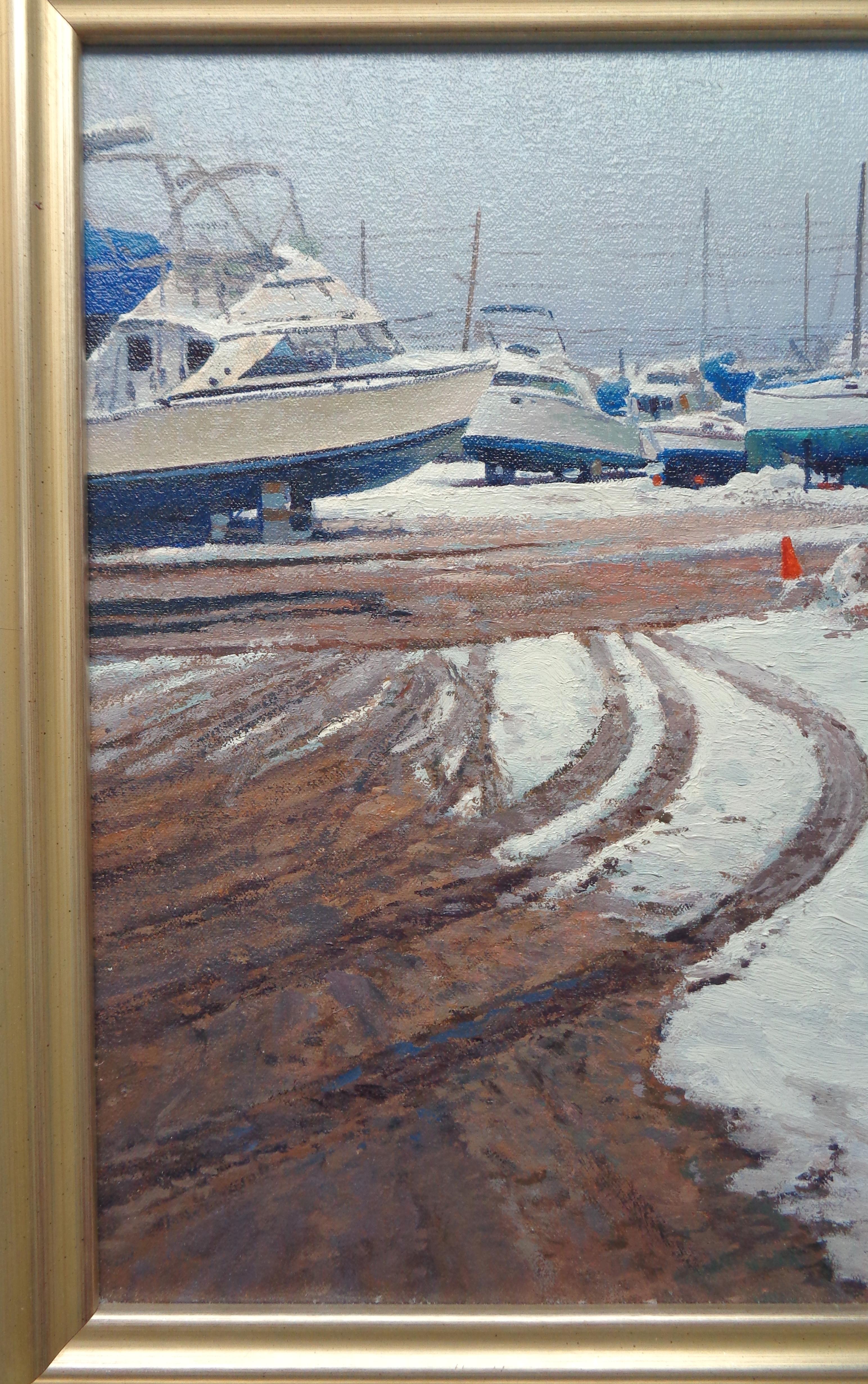 Barcos de invierno Pintura al óleo de Michael Budden Winter Boat Yard NJ en venta 1