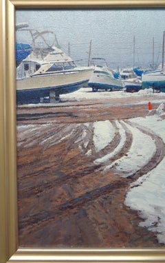 Winter Boats Oil Painting by Michael Budden Winter Boat Yard NJ