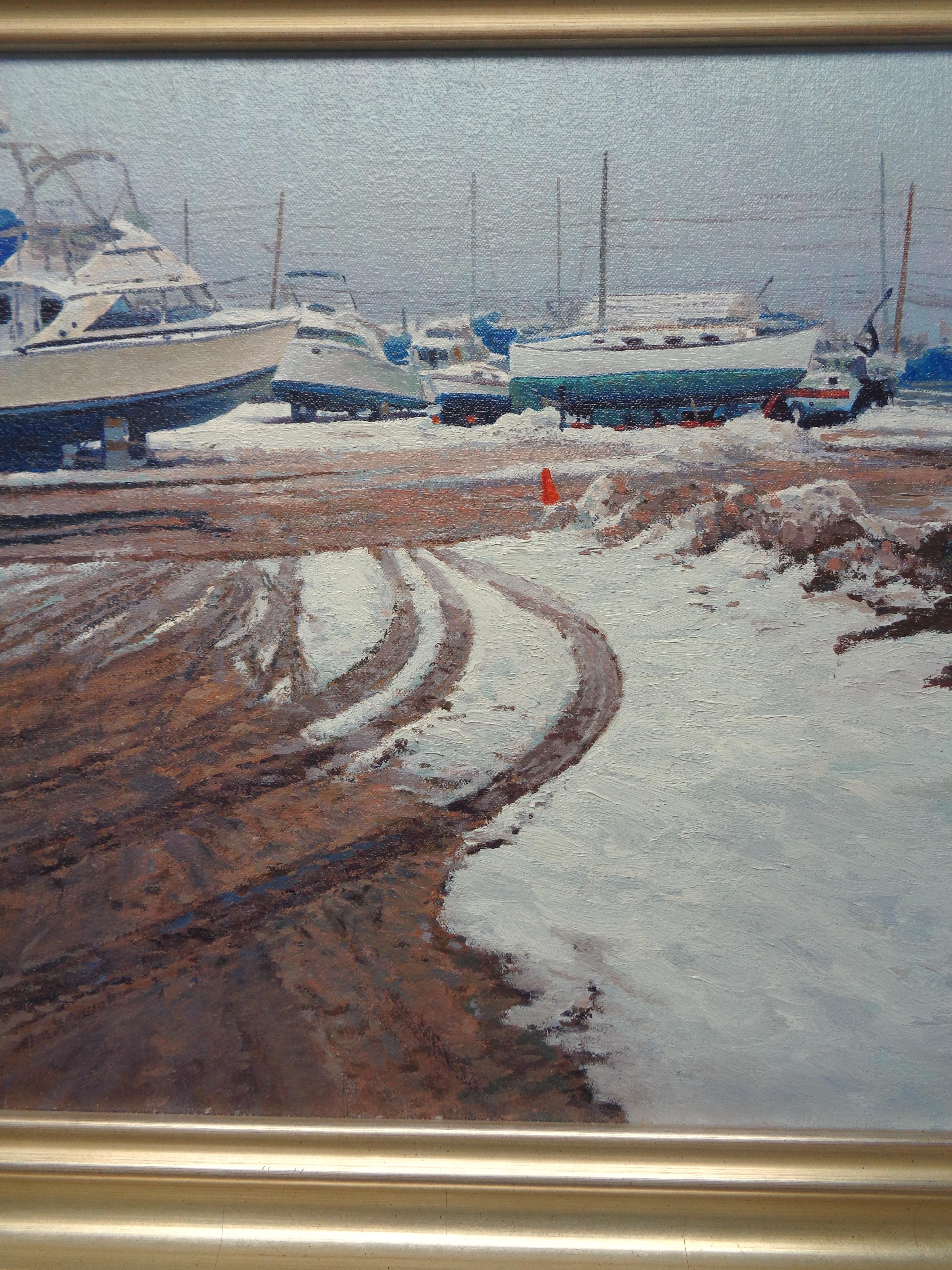 Barcos de invierno Pintura al óleo de Michael Budden Winter Boat Yard NJ en venta 2